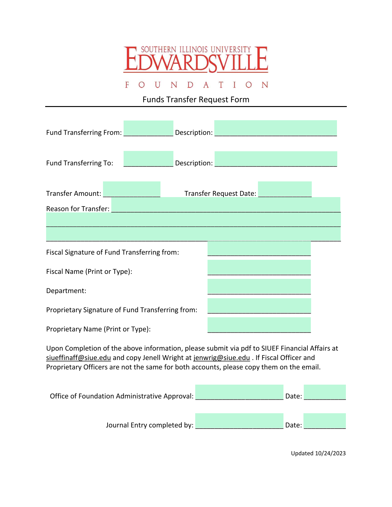 Funds Transfer Request Form screenshot