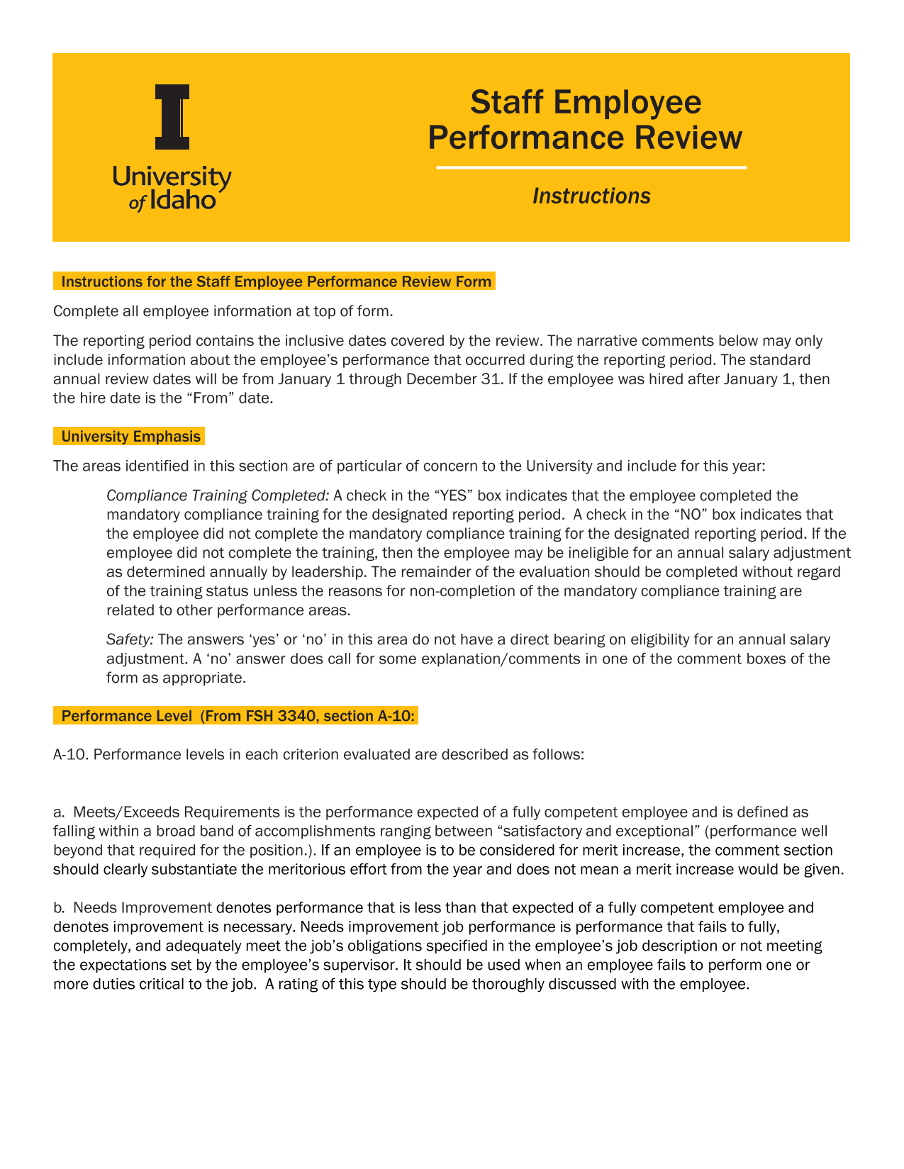 Staff Employee Performance Review Instructions screenshot