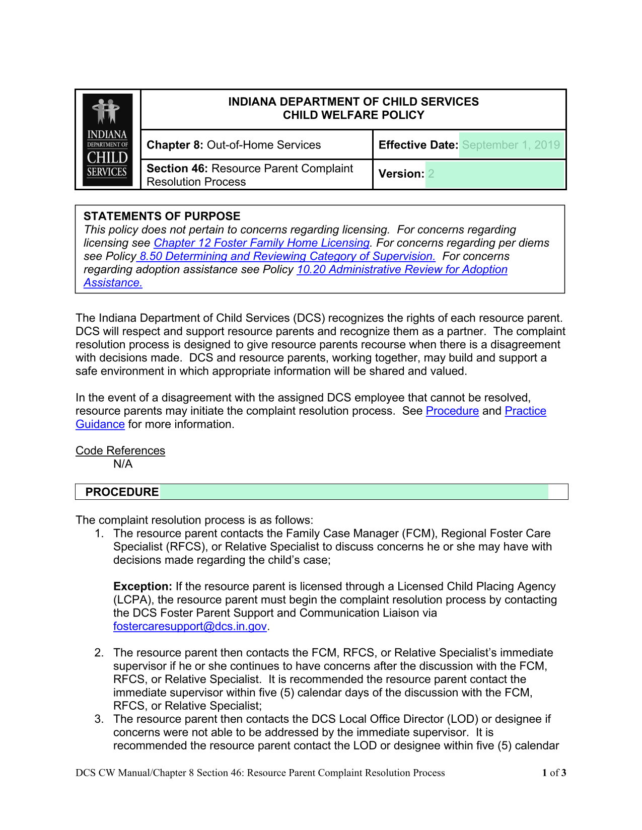DCS CW ManualChapter 8 Section 46 Resource Parent Complaint Resolution Process screenshot