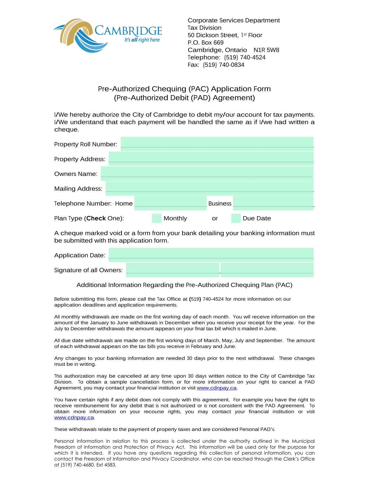Pre Authorized Chequing (PAC) Application Form screenshot