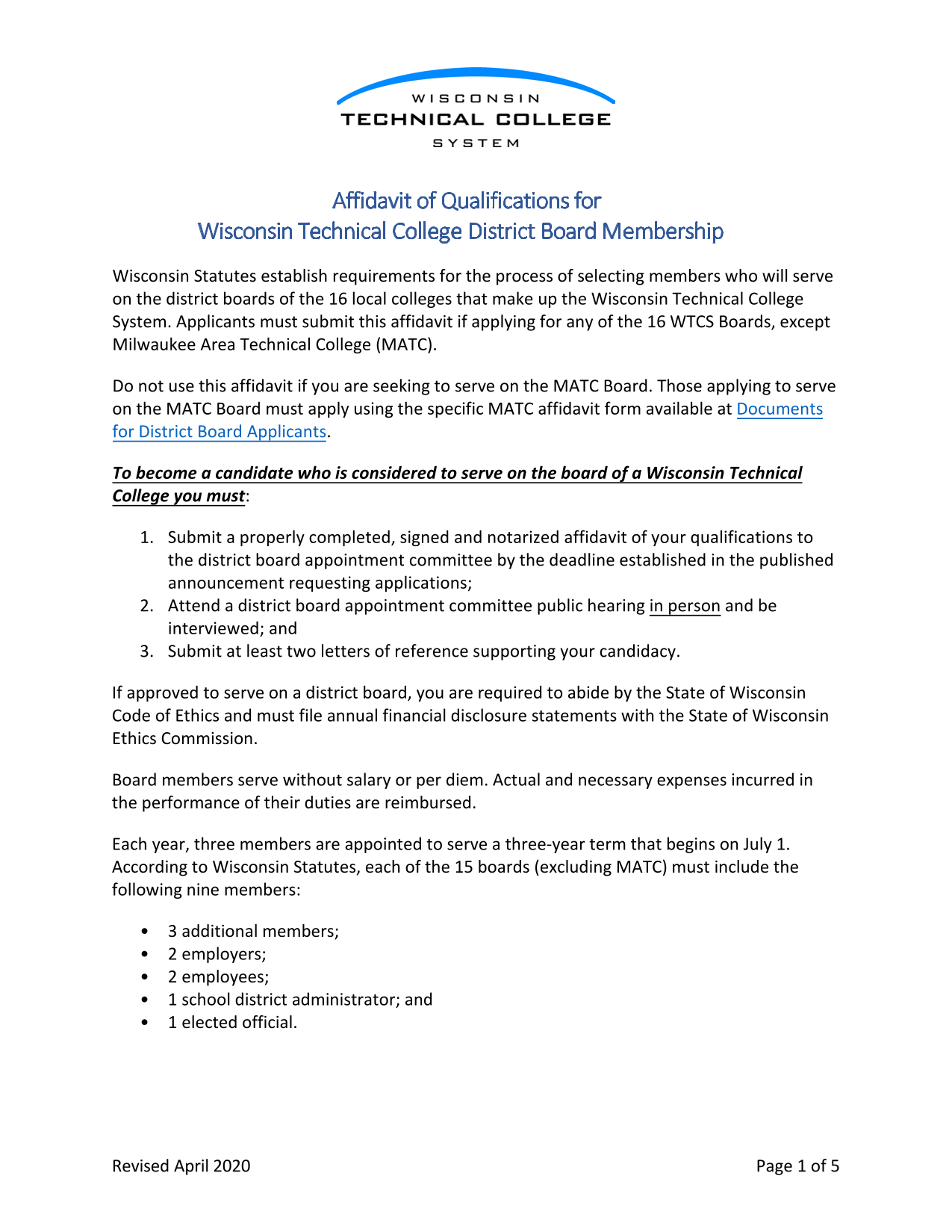 Affidavit Of Qualifications For Wisconsin Technical College District Board Membership screenshot