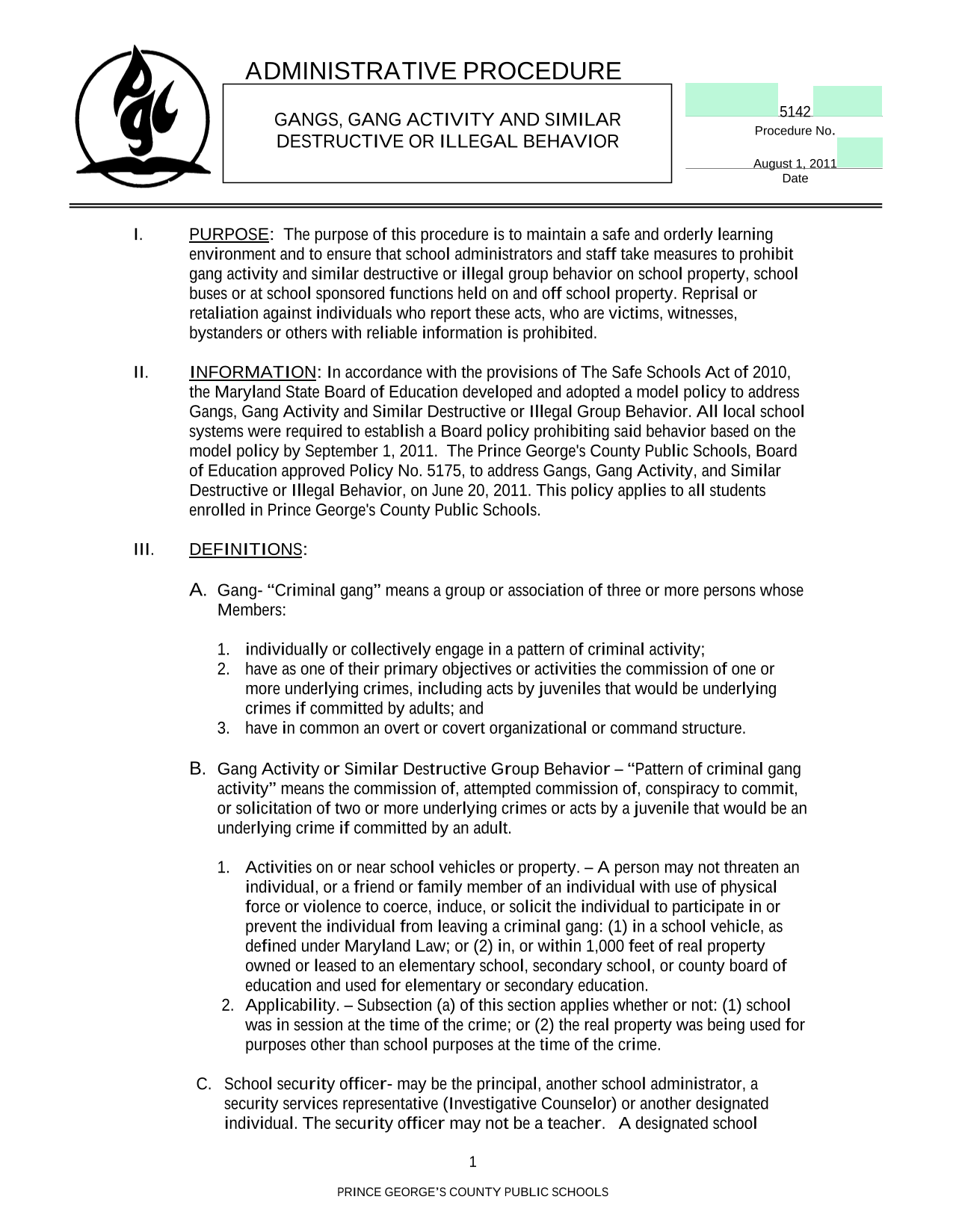 Administrative Procedure 5142 Gangs, Gang Activity And Similar Destructive Or Illegal Behavior screenshot