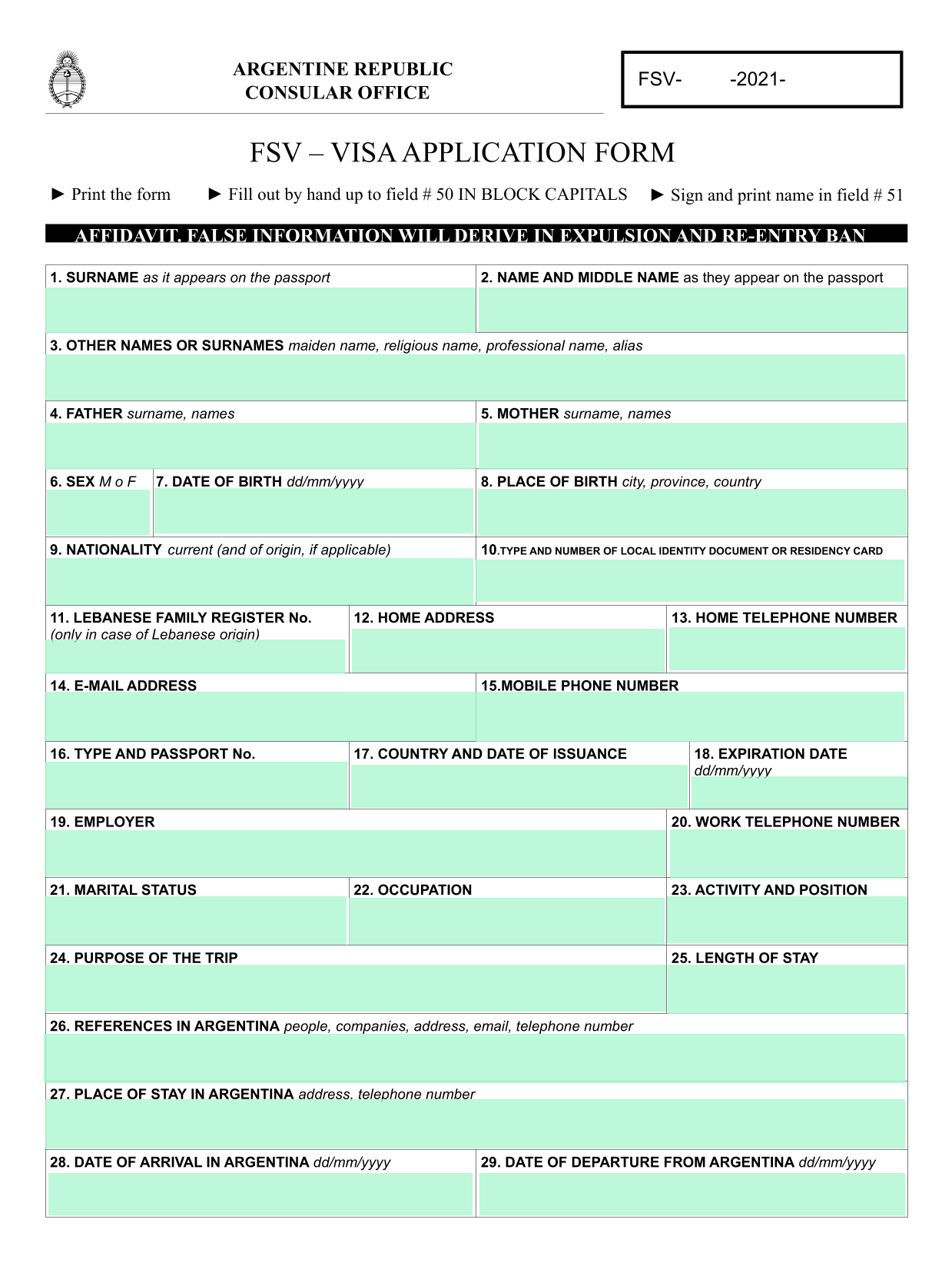 FSV  VISA APPLICATION FORM screenshot