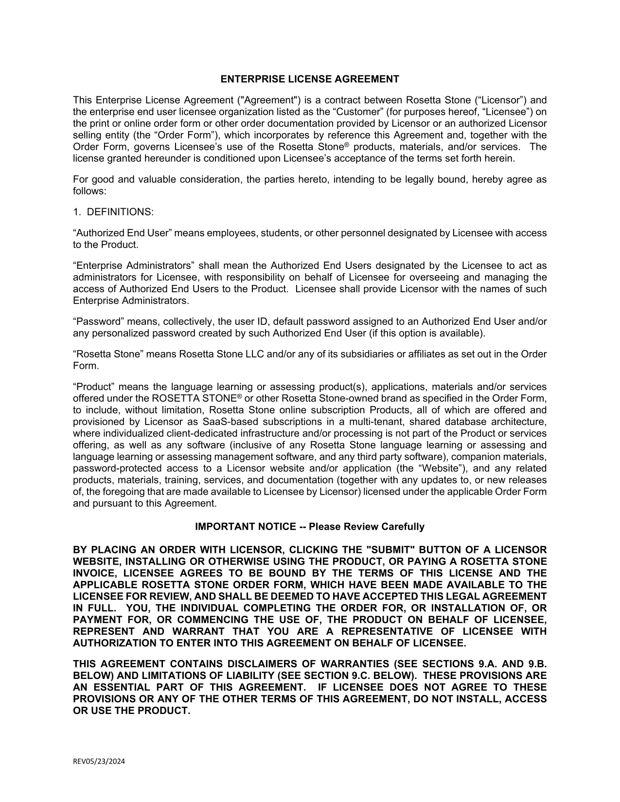 Enterprise License Agreement screenshot