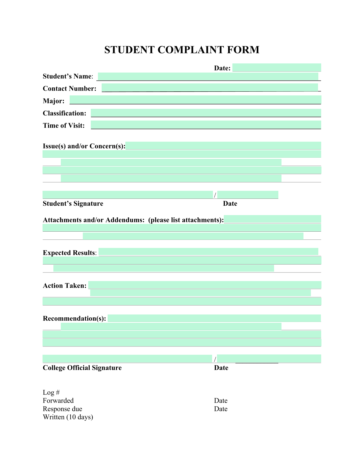 Student Complaint Form screenshot