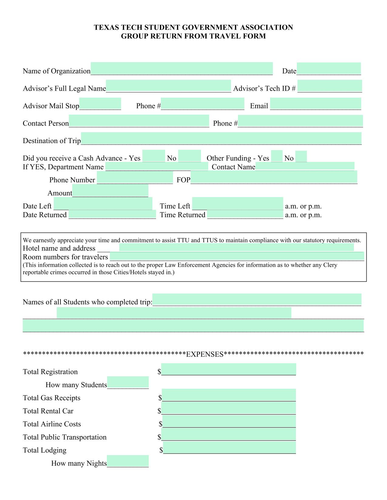 GROUP RETURN FROM TRAVEL FORM screenshot