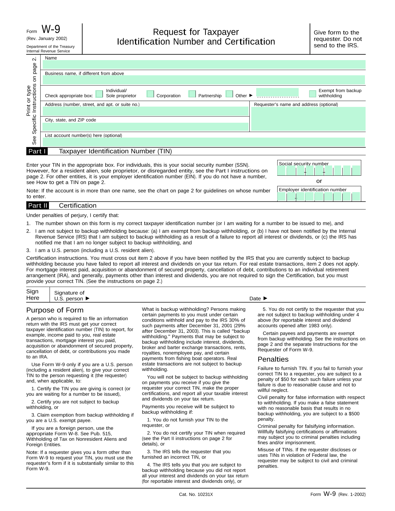 Form W 9 screenshot