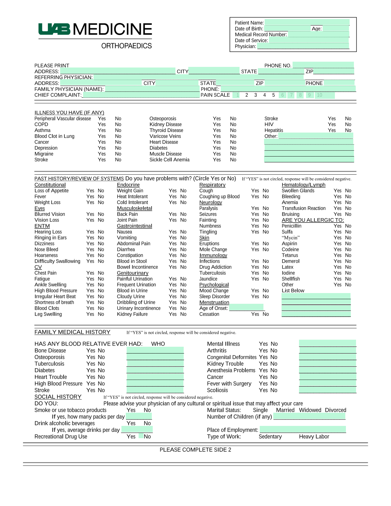 Patient Medical History Form screenshot