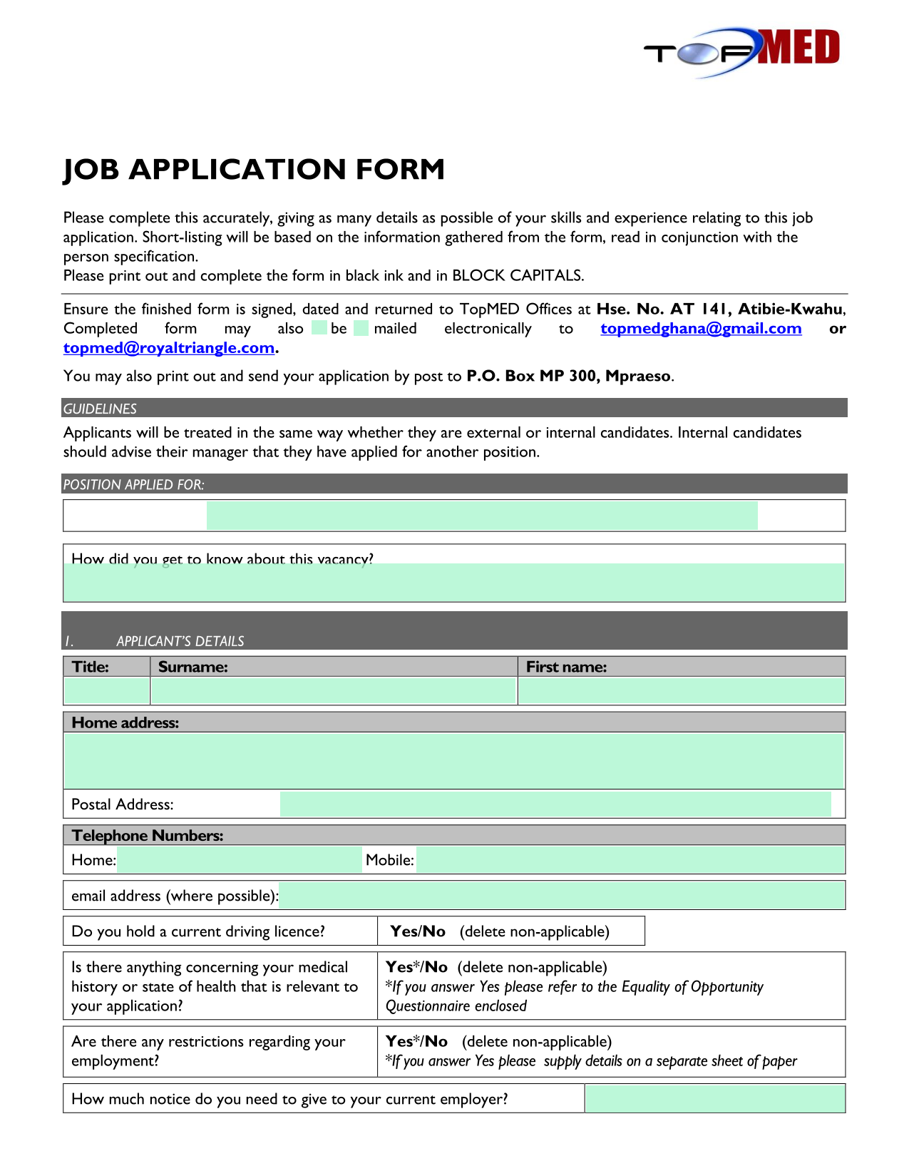 JOB APPLICATION FORM screenshot