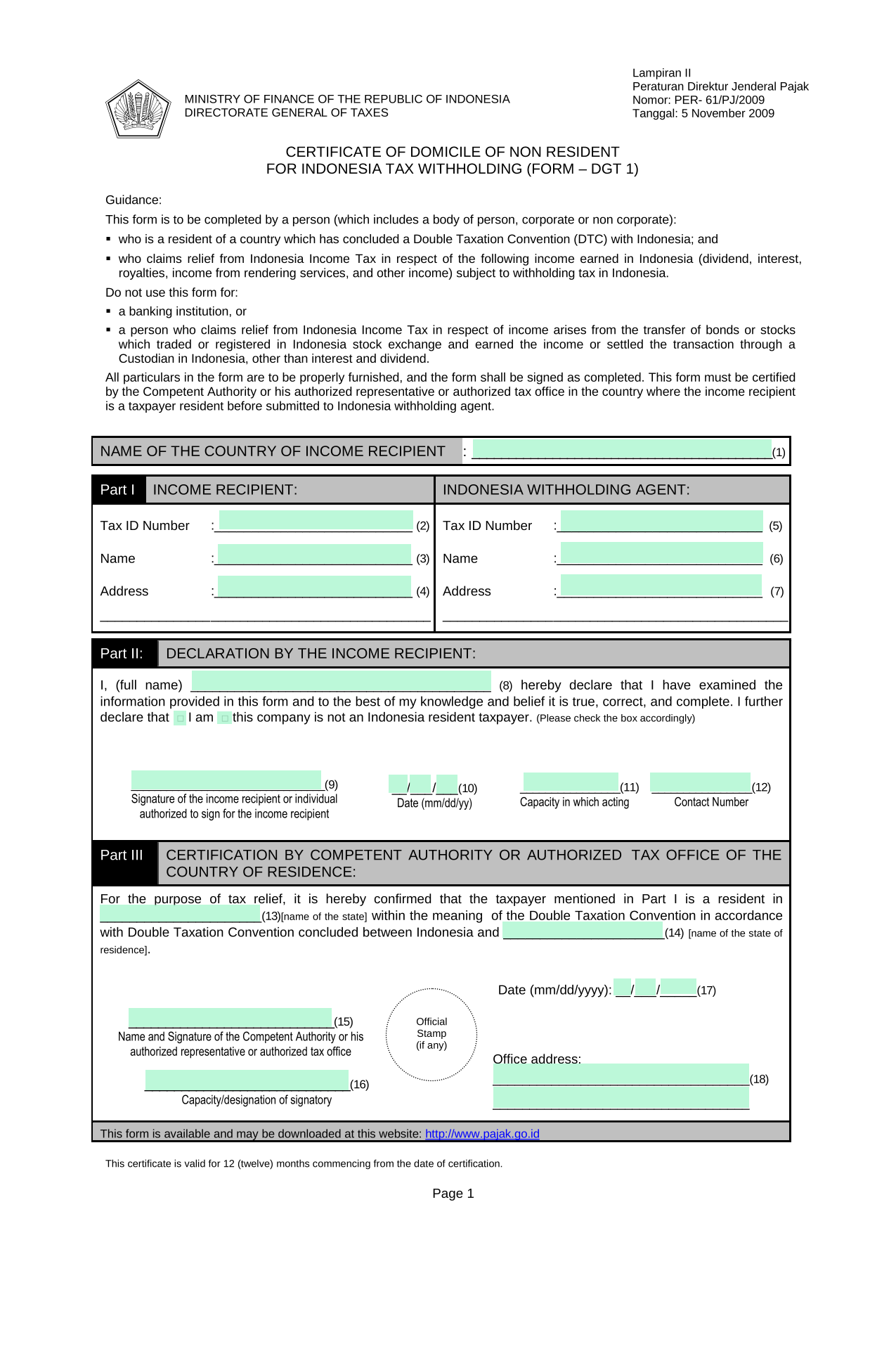 Certificate Of Domicile Of Non Resident For Indonesia Tax Withholding (Form  DGT 1) screenshot
