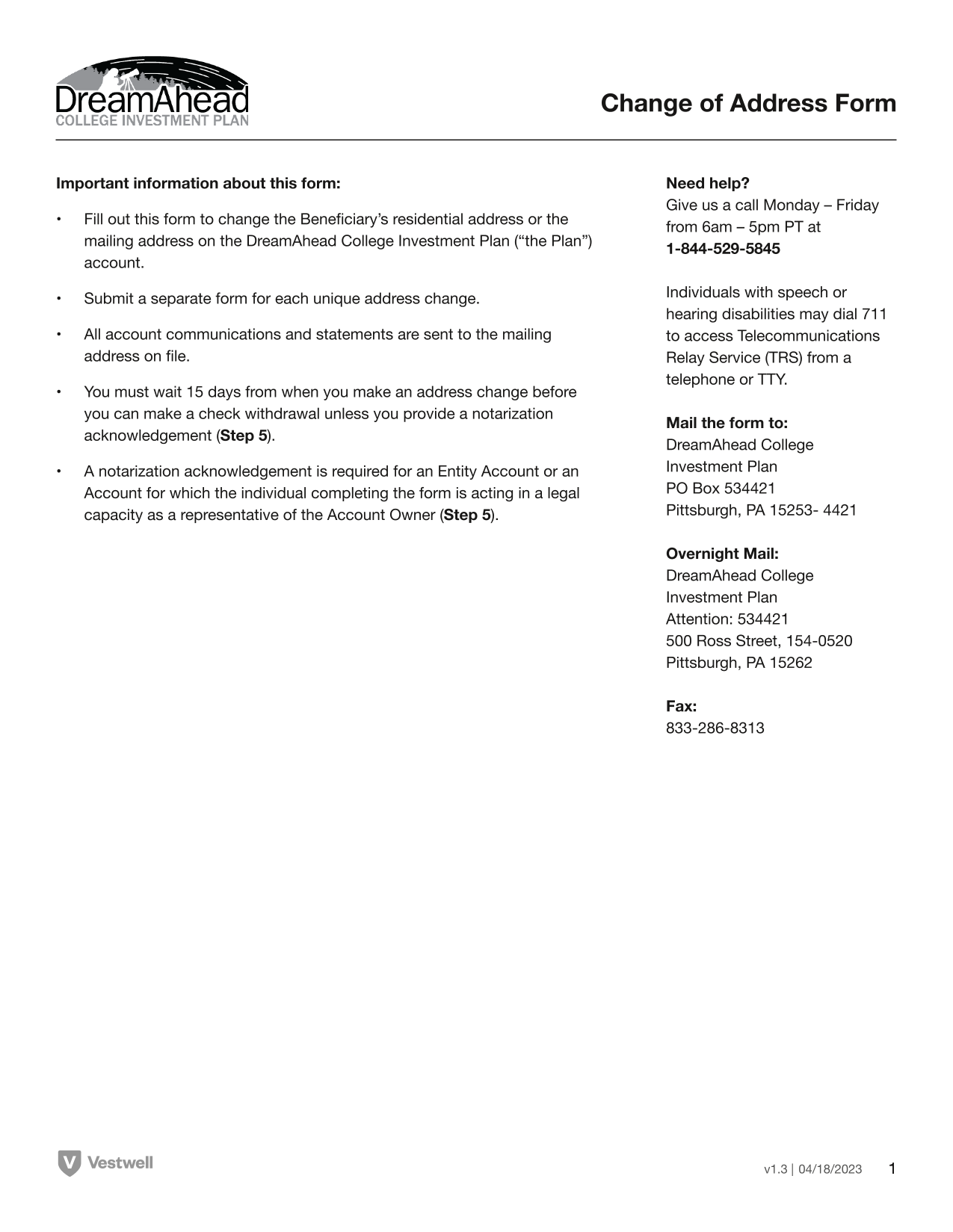 Change Of Address Form screenshot