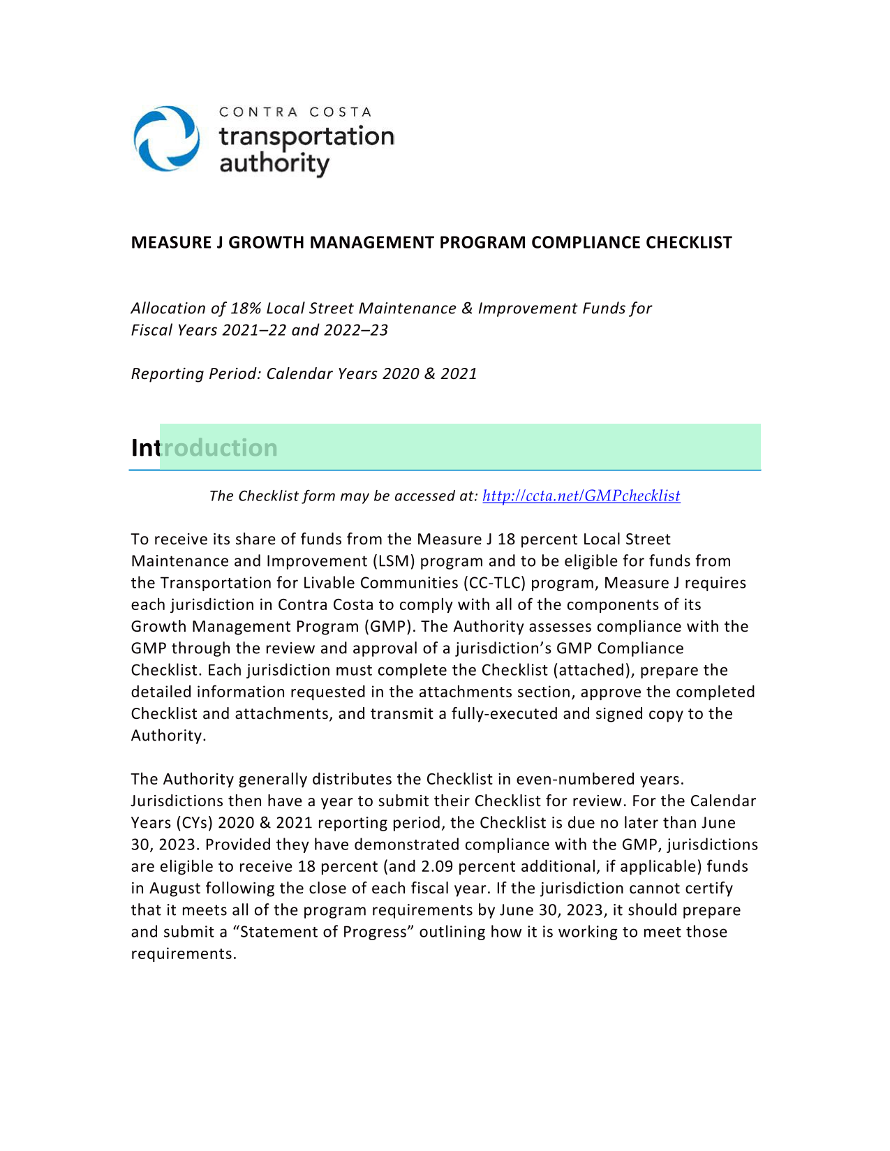 Measure J Growth Management Program Compliance Checklist screenshot