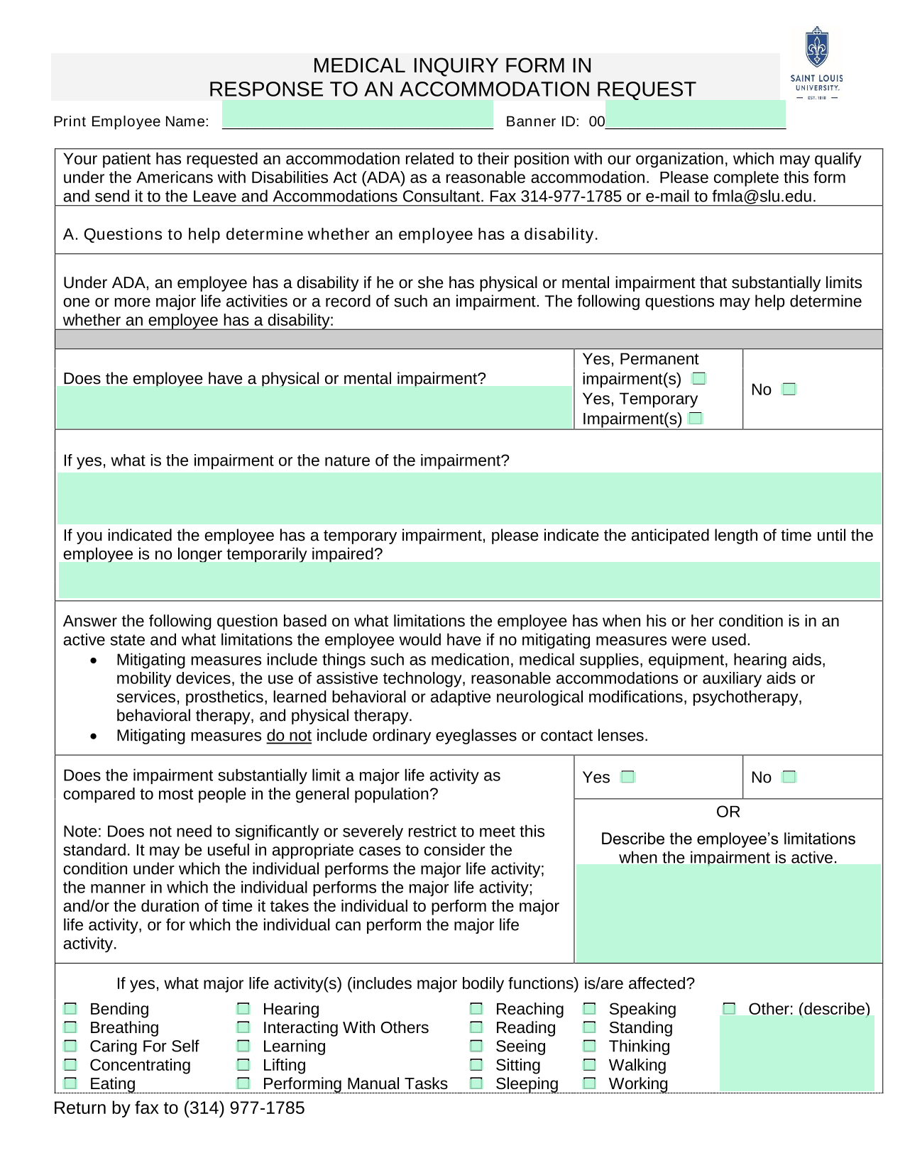 Medical Inquiry Form In Response To An Accommodation Request screenshot