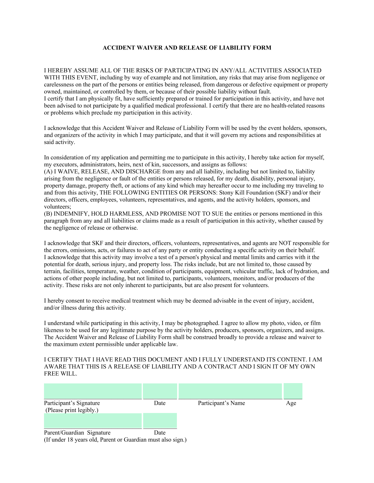 Accident Waiver And Release Of Liability Form screenshot