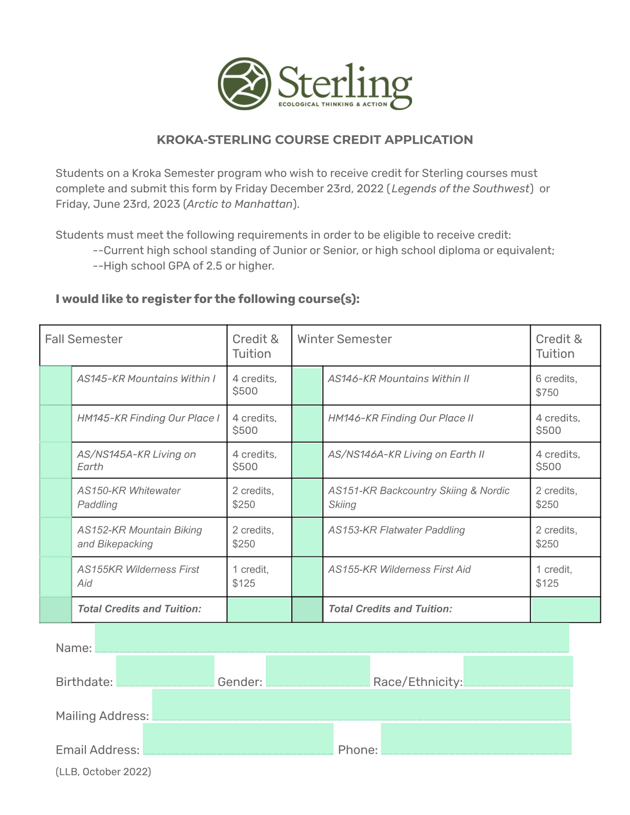 KROKA STERLING COURSE CREDIT APPLICATION screenshot