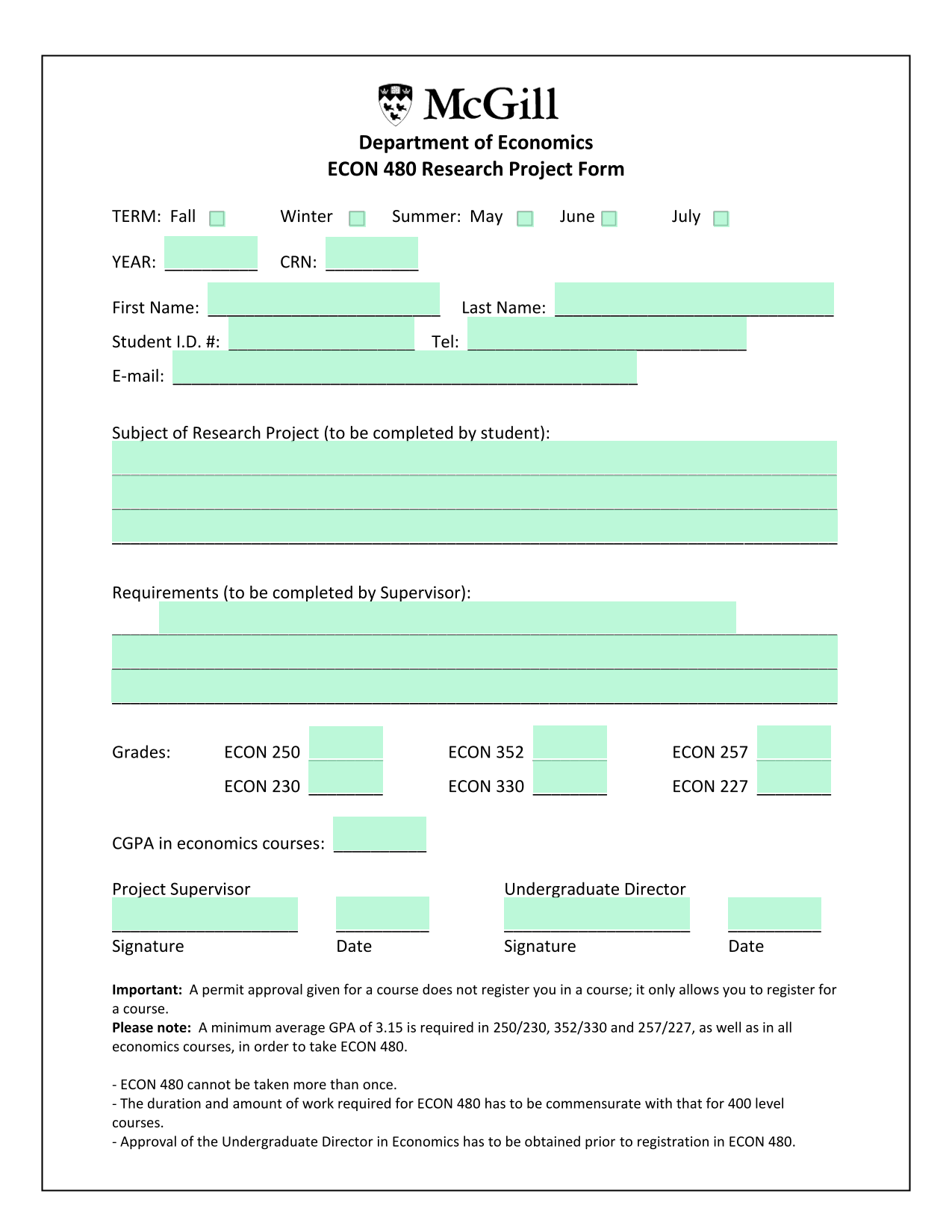ECON 480 Research Project Form screenshot