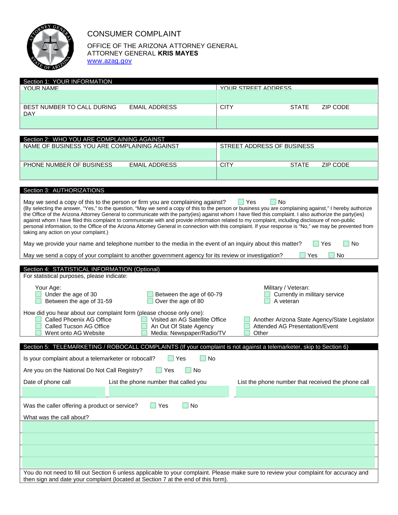 Consumer Complaint Form screenshot