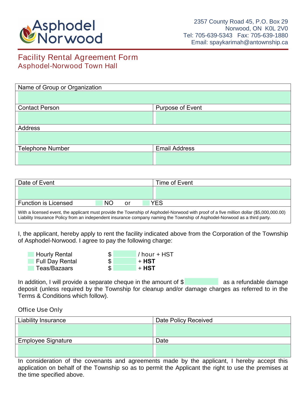 Facility Rental Agreement Form screenshot