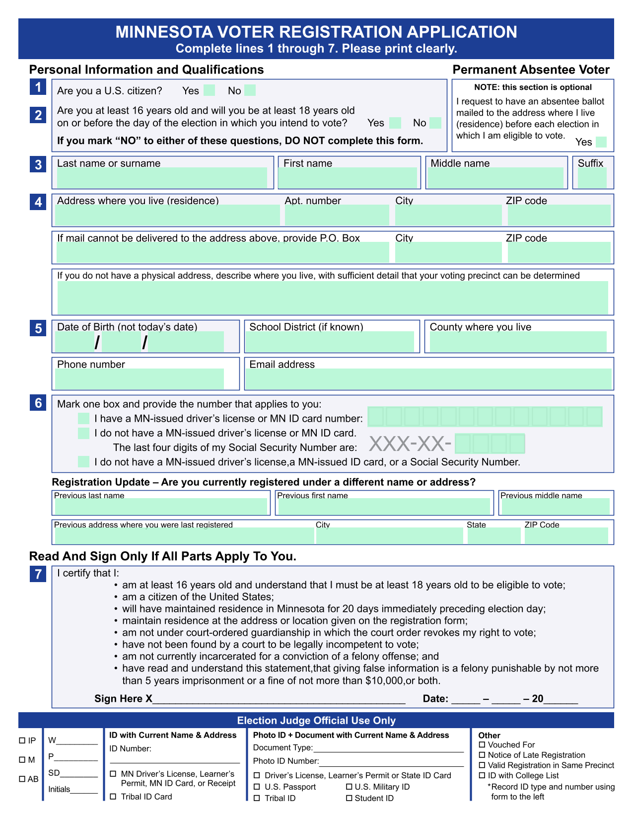 MINNESOTA VOTER REGISTRATION APPLICATION screenshot
