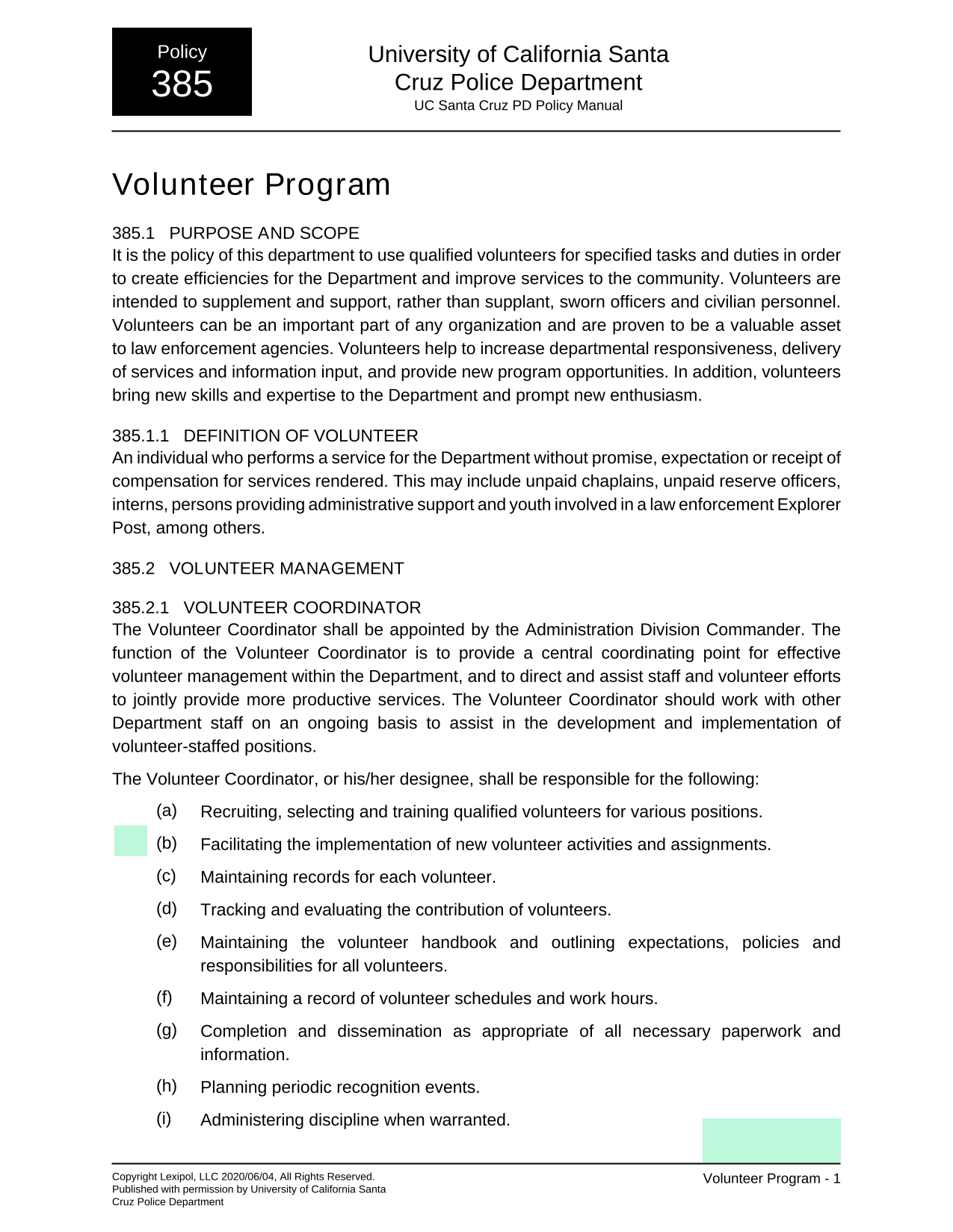 Volunteer Program Policy screenshot