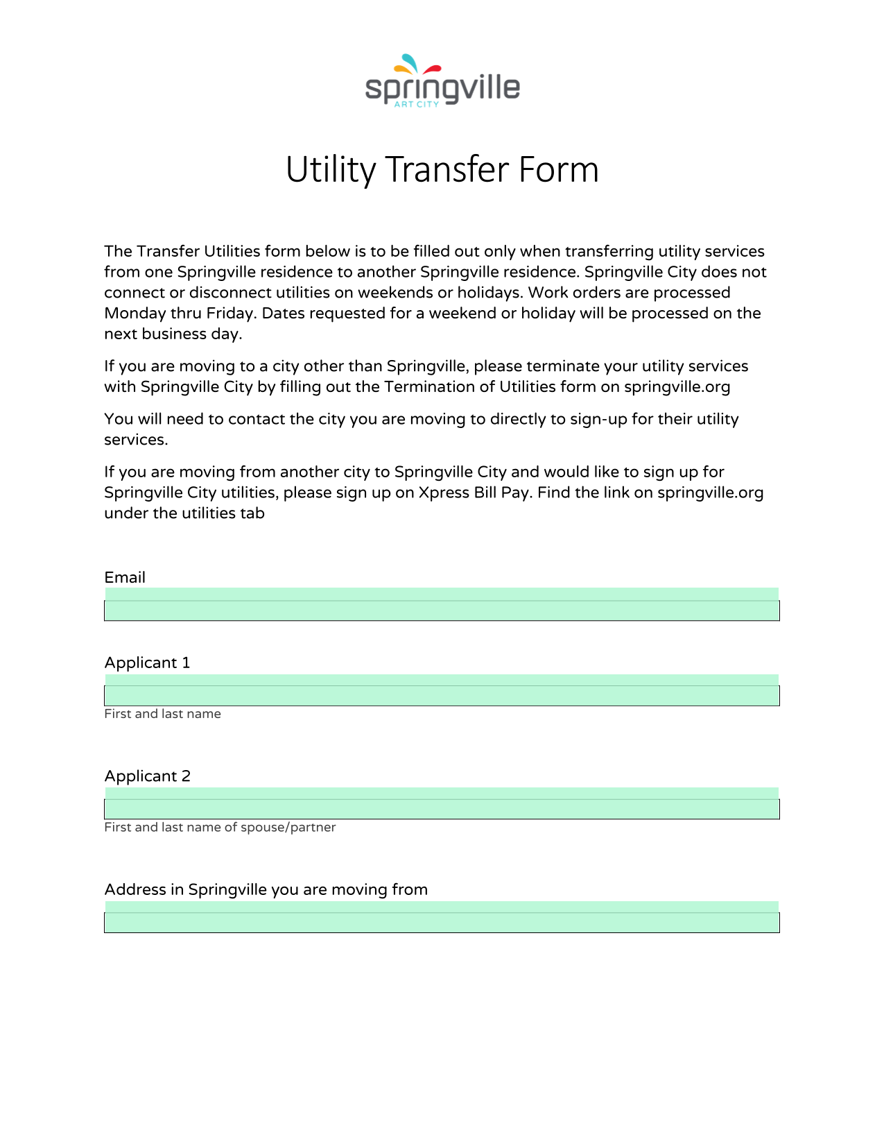 Utility Transfer Form screenshot