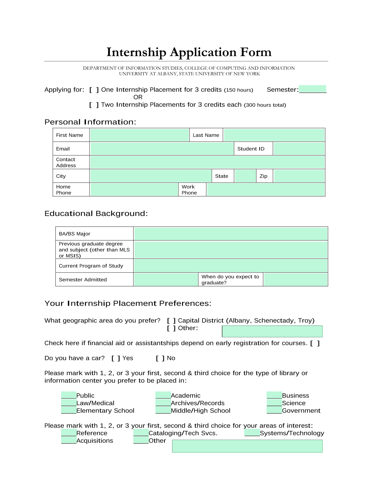 Internship Application Form screenshot