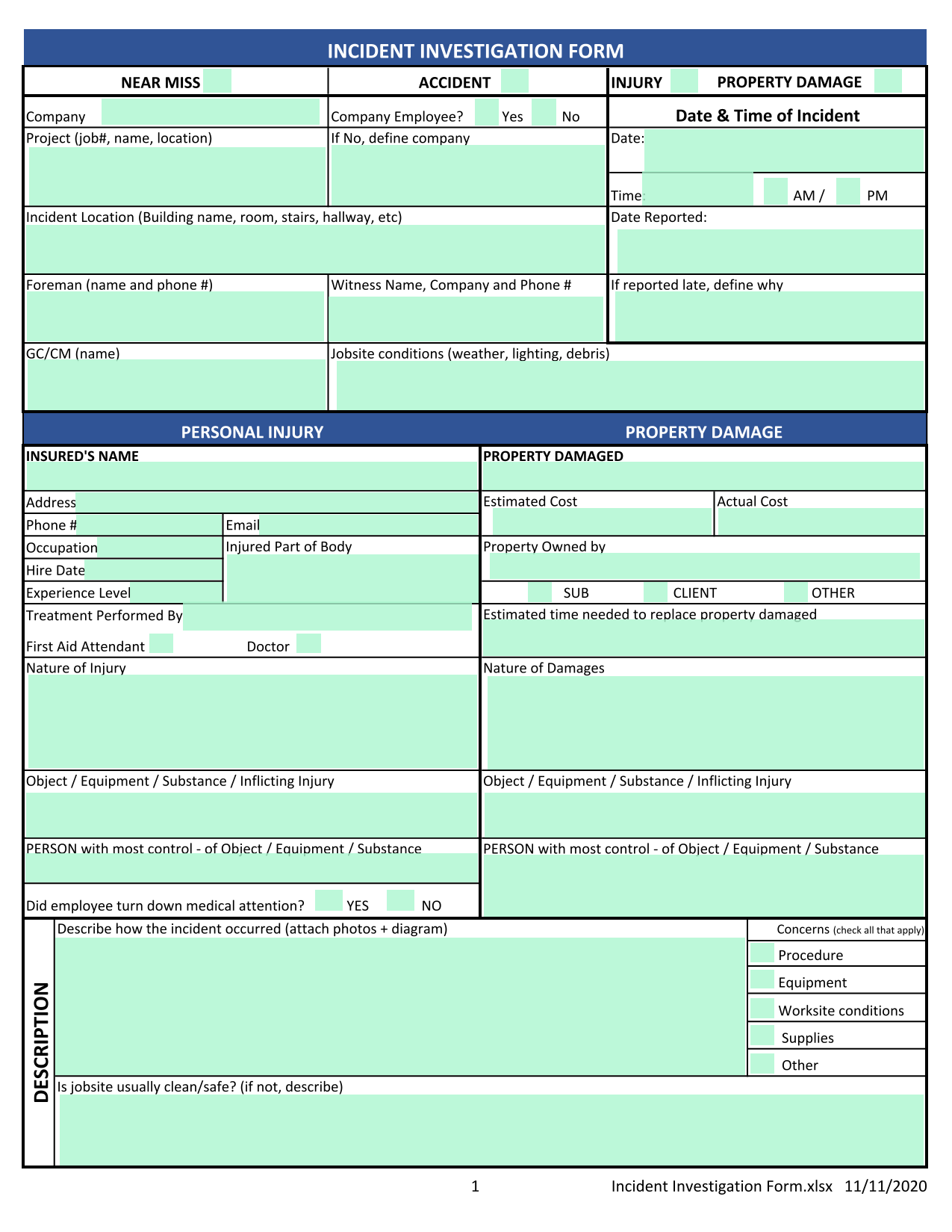 Incident Investigation Form screenshot
