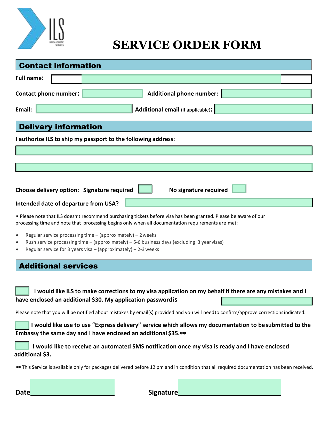 Service Order Form screenshot