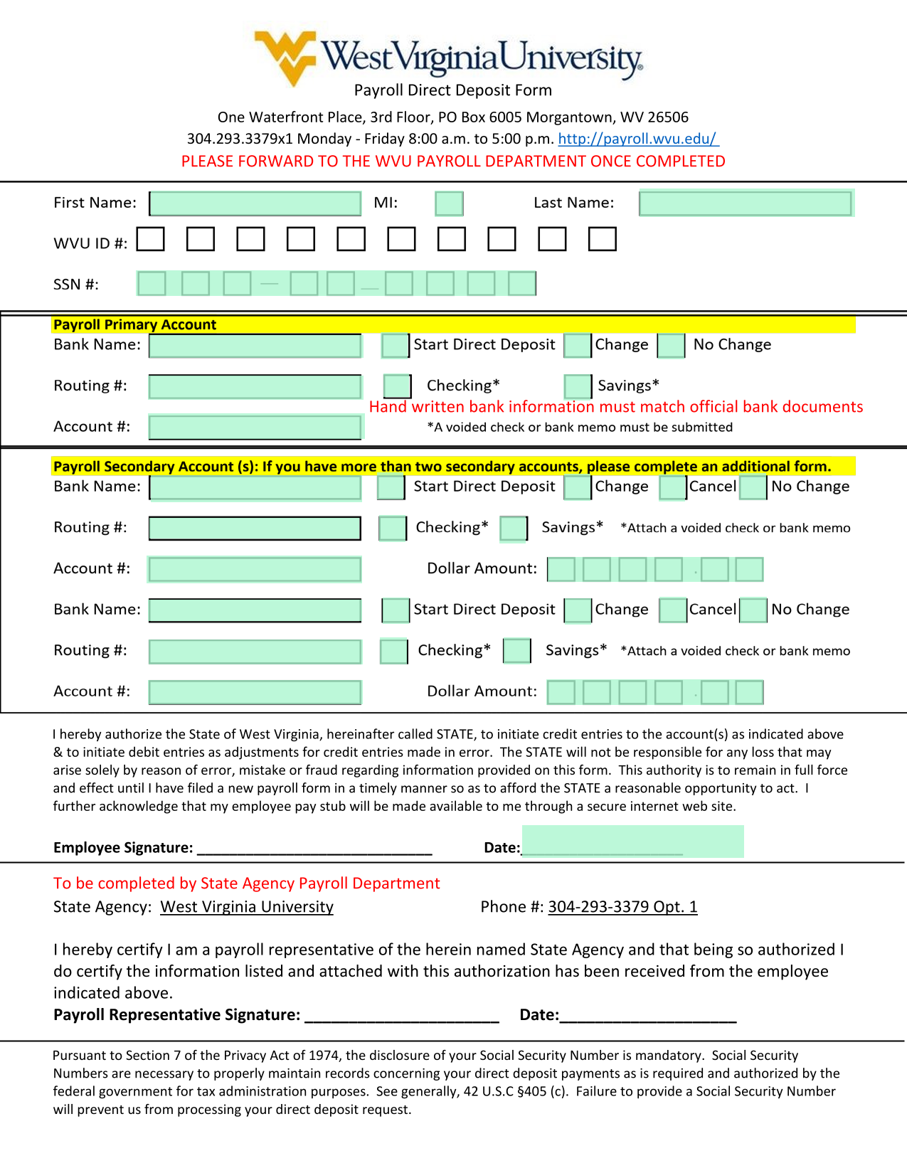 Payroll Direct Deposit Form screenshot