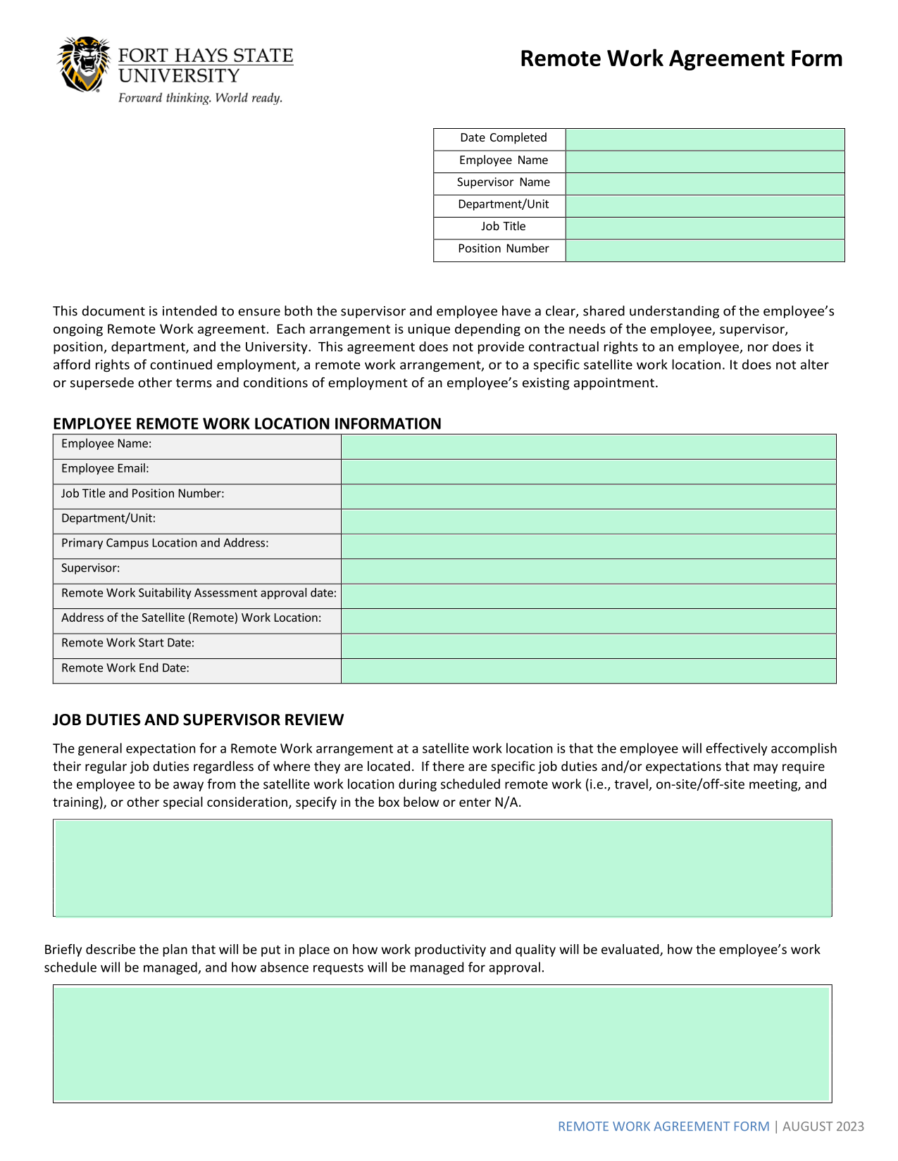 Remote Work Agreement Form screenshot
