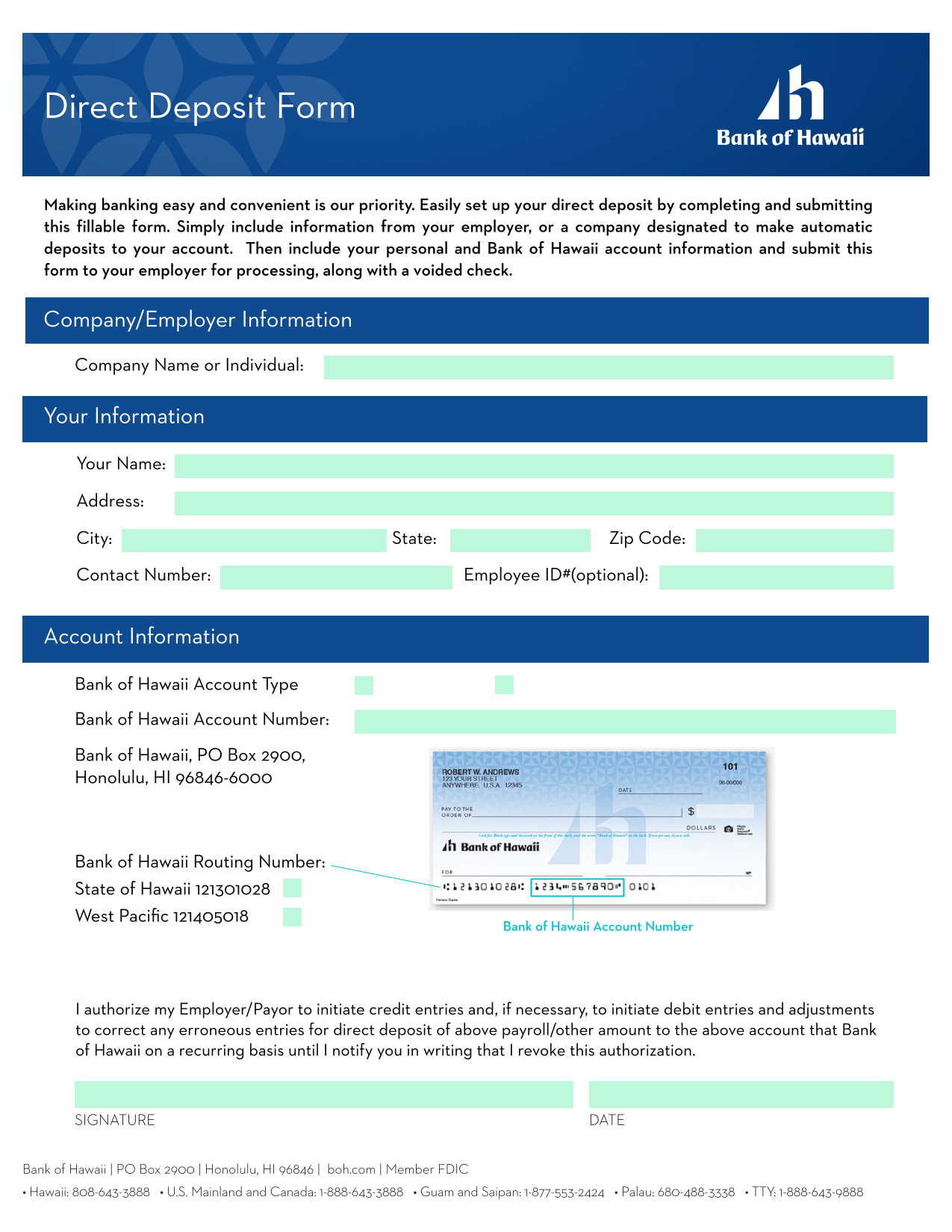 Direct Deposit Form screenshot