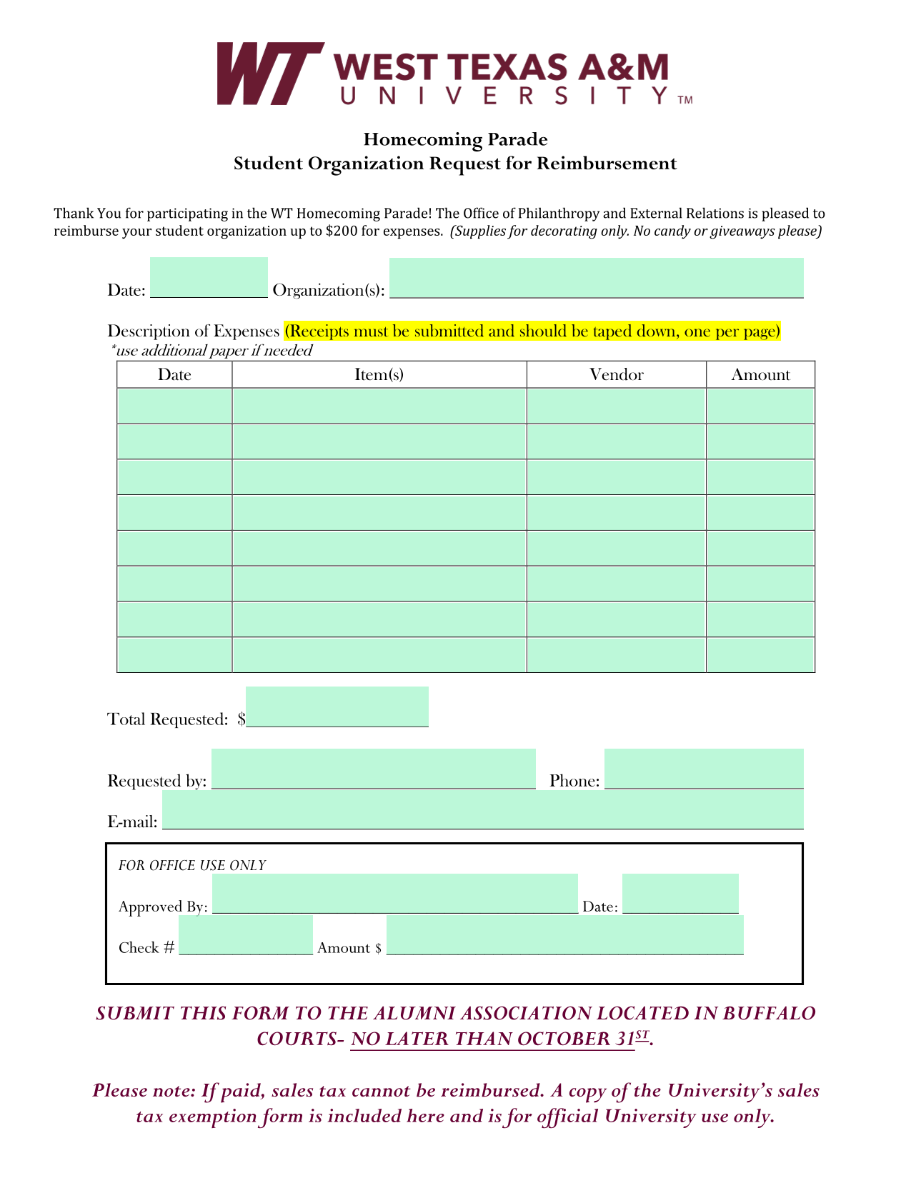 Student Organization Request For Reimbursement screenshot