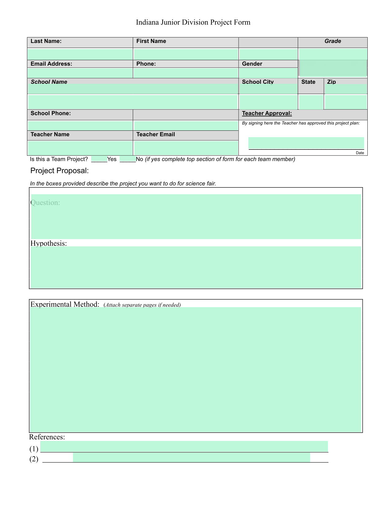 Indiana Junior Division Project Form screenshot