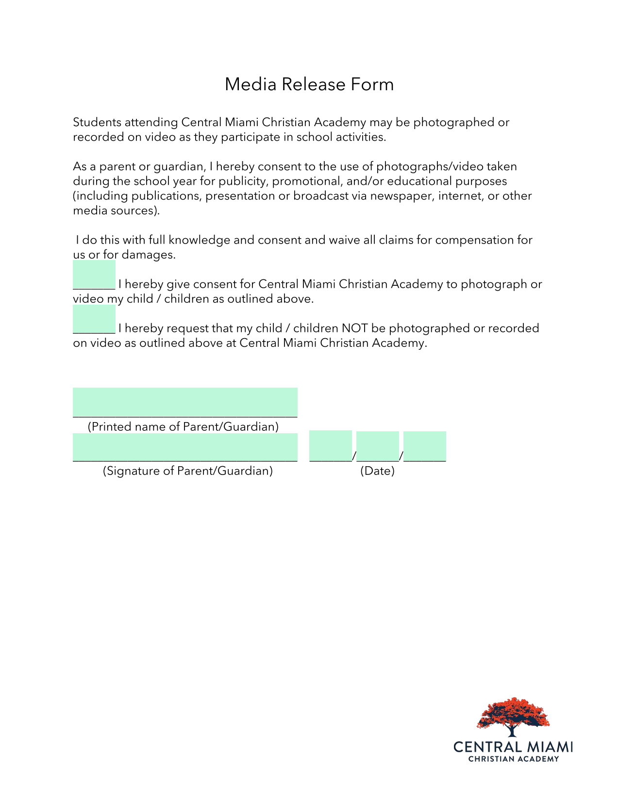 Media Release Form screenshot