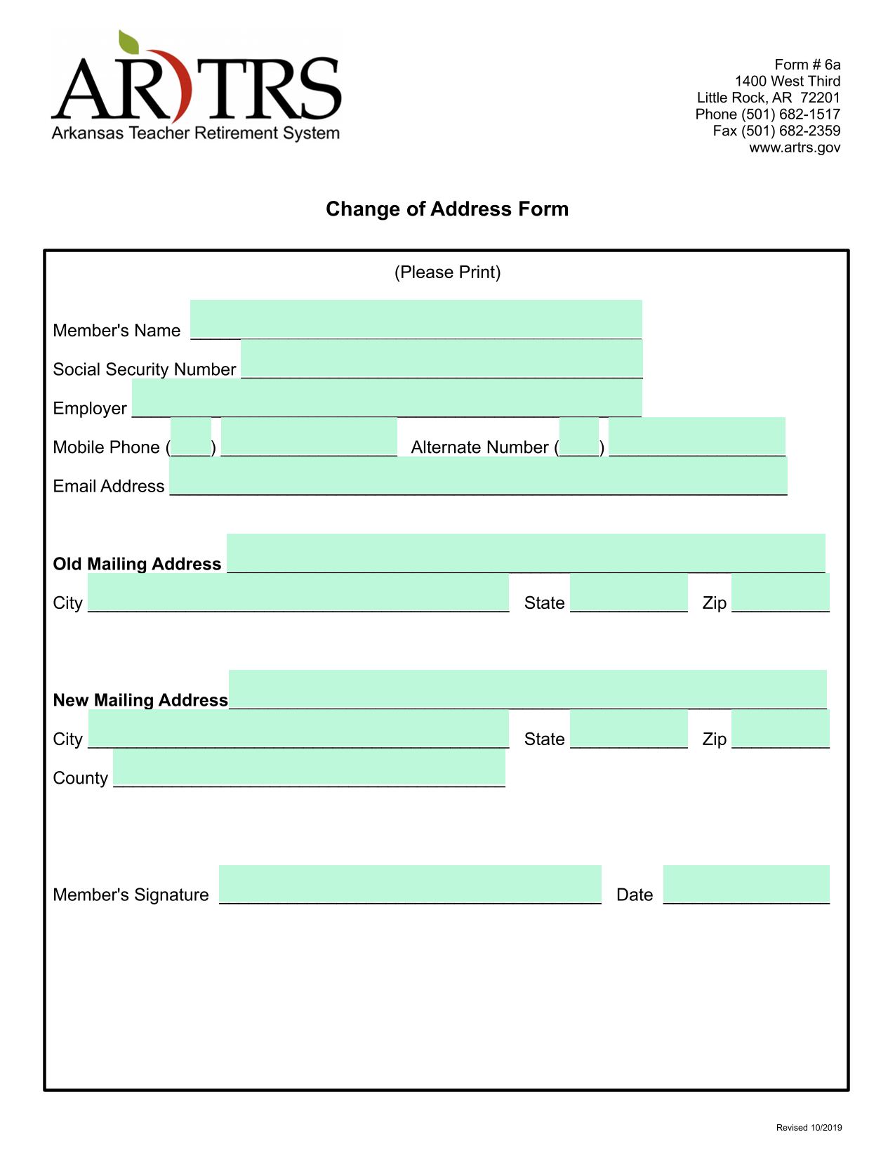 Change Of Address Form screenshot