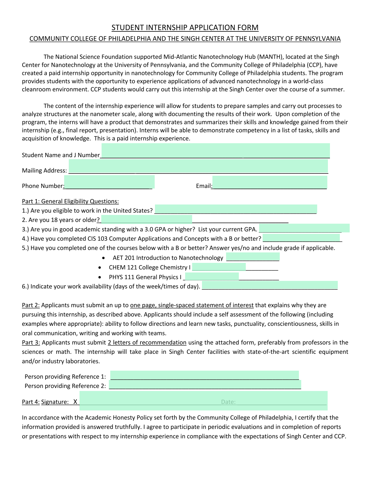 Student Internship Application Form screenshot
