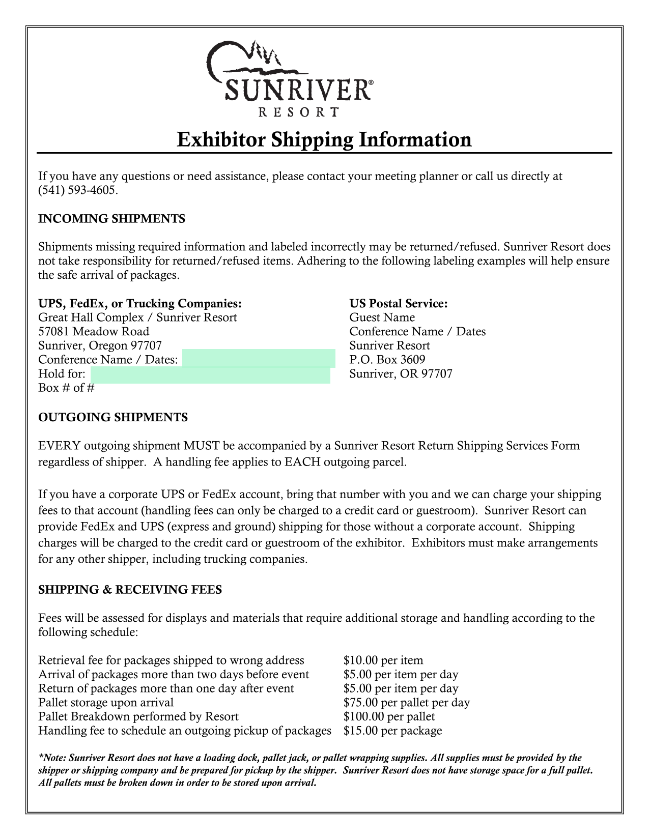 Exhibitor Shipping Information screenshot
