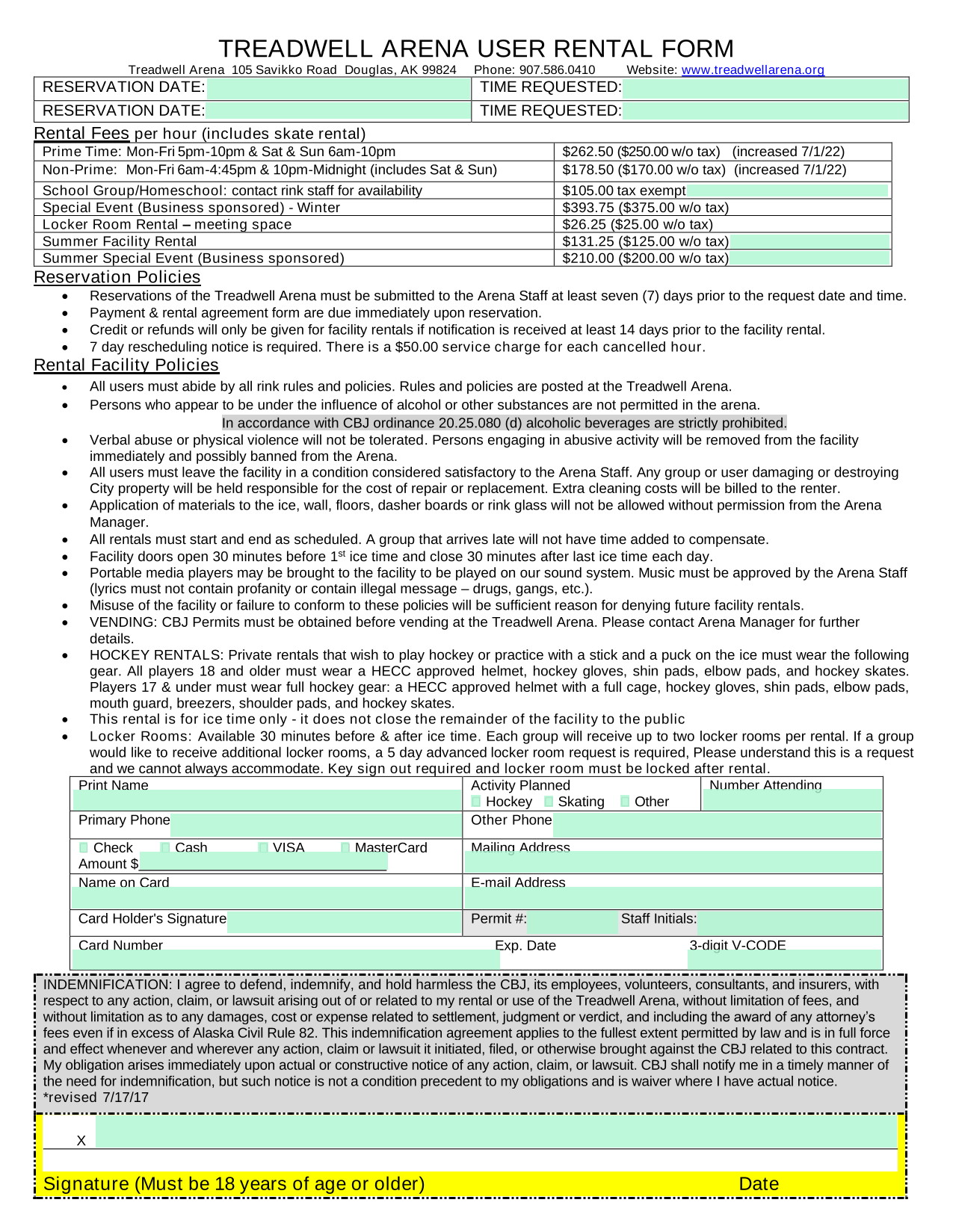TREADWELL ARENA USER RENTAL FORM screenshot