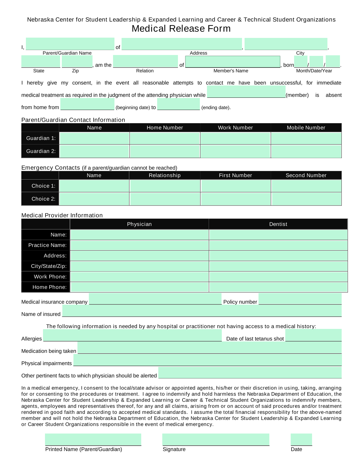 Medical Release Form screenshot