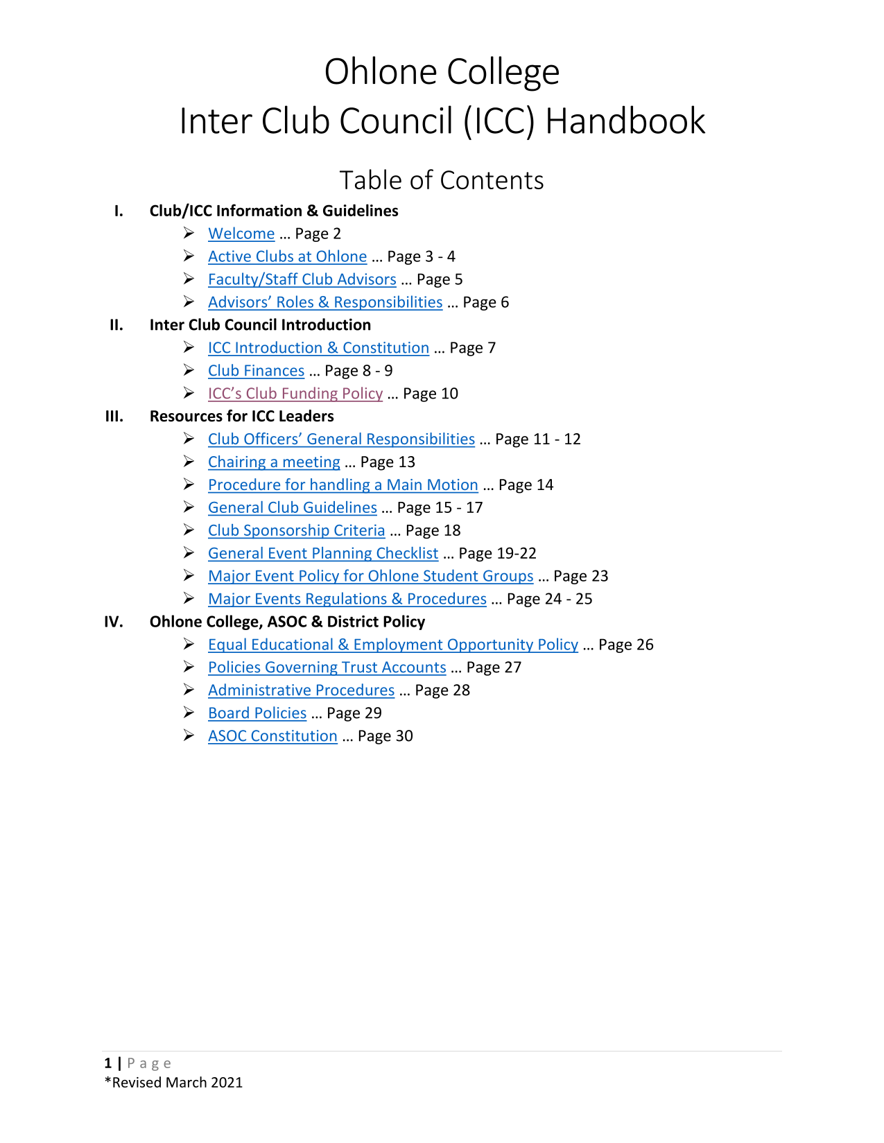 Ohlone College Inter Club Council (ICC) Handbook screenshot