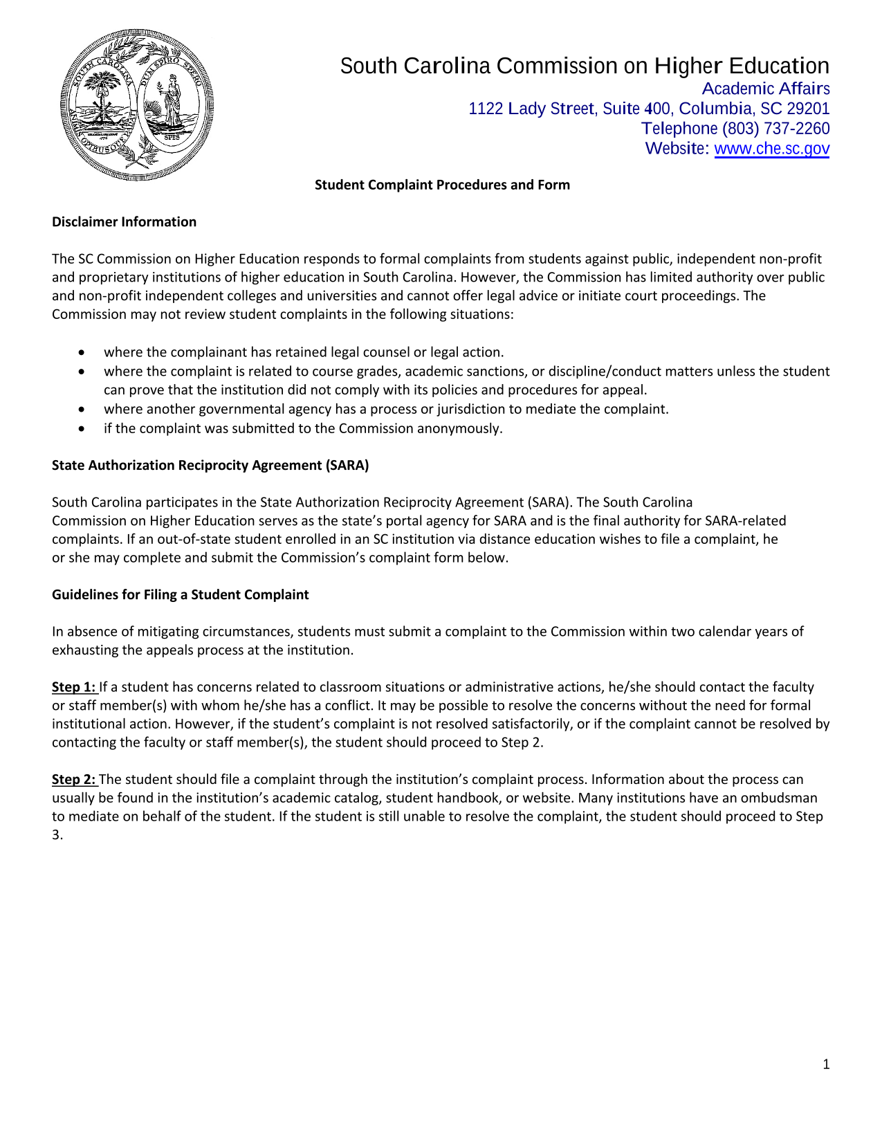 Student Complaint Procedures And Form screenshot