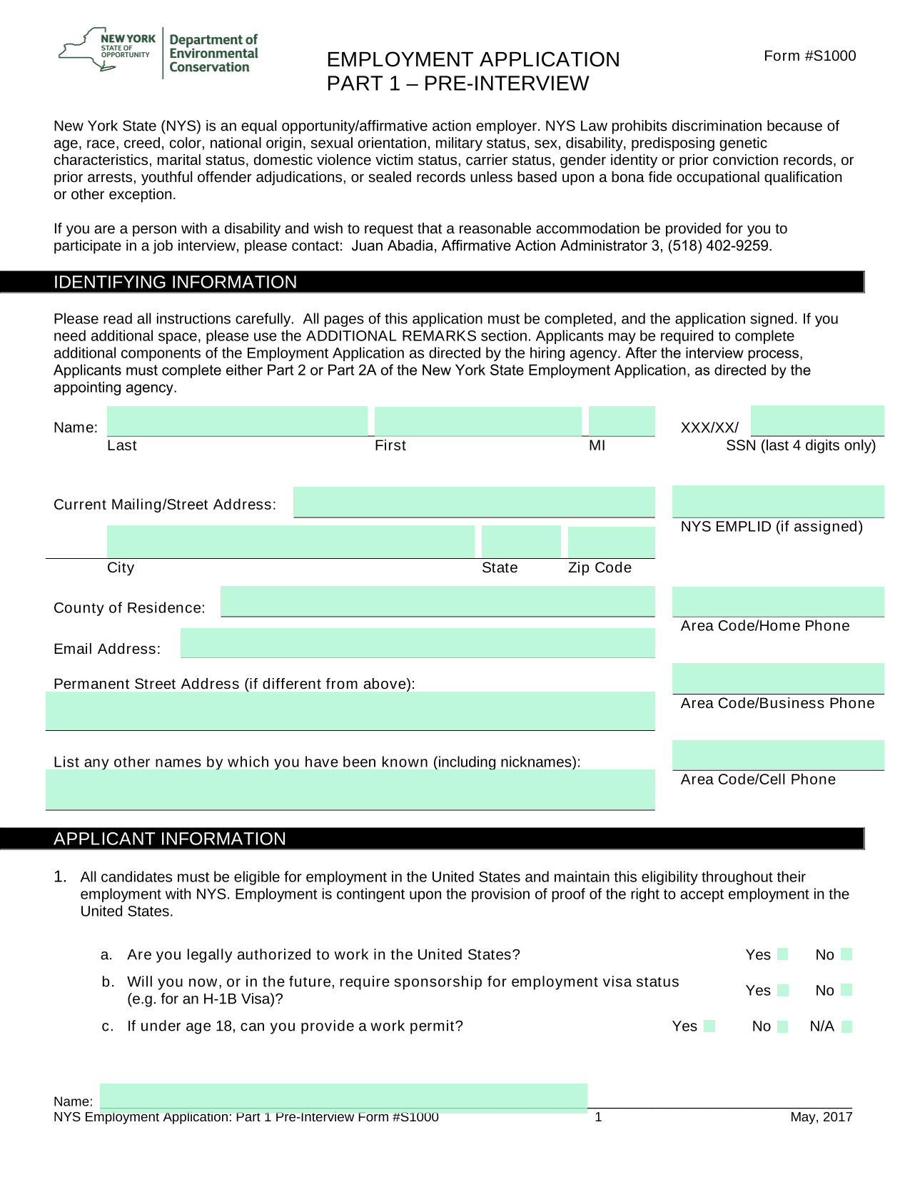 EMPLOYMENT APPLICATION PART 1  PRE INTERVIEW screenshot