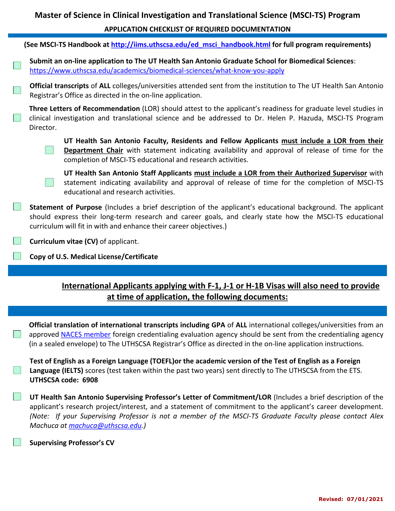 Master Of Science In Clinical Investigation And Translational Science (MSCI TS) Program APPLICATION  screenshot