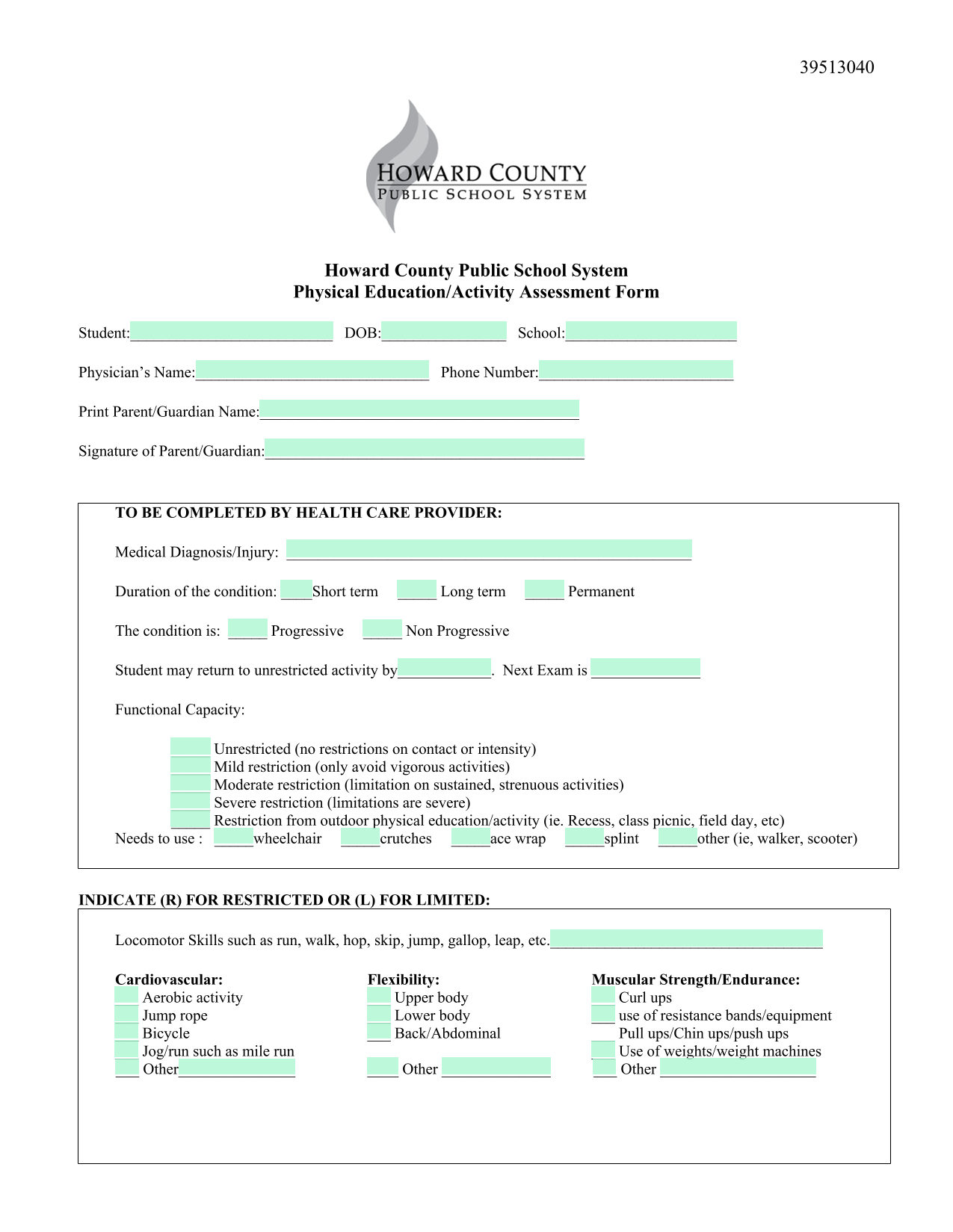 Physical EducationActivity Assessment Form screenshot