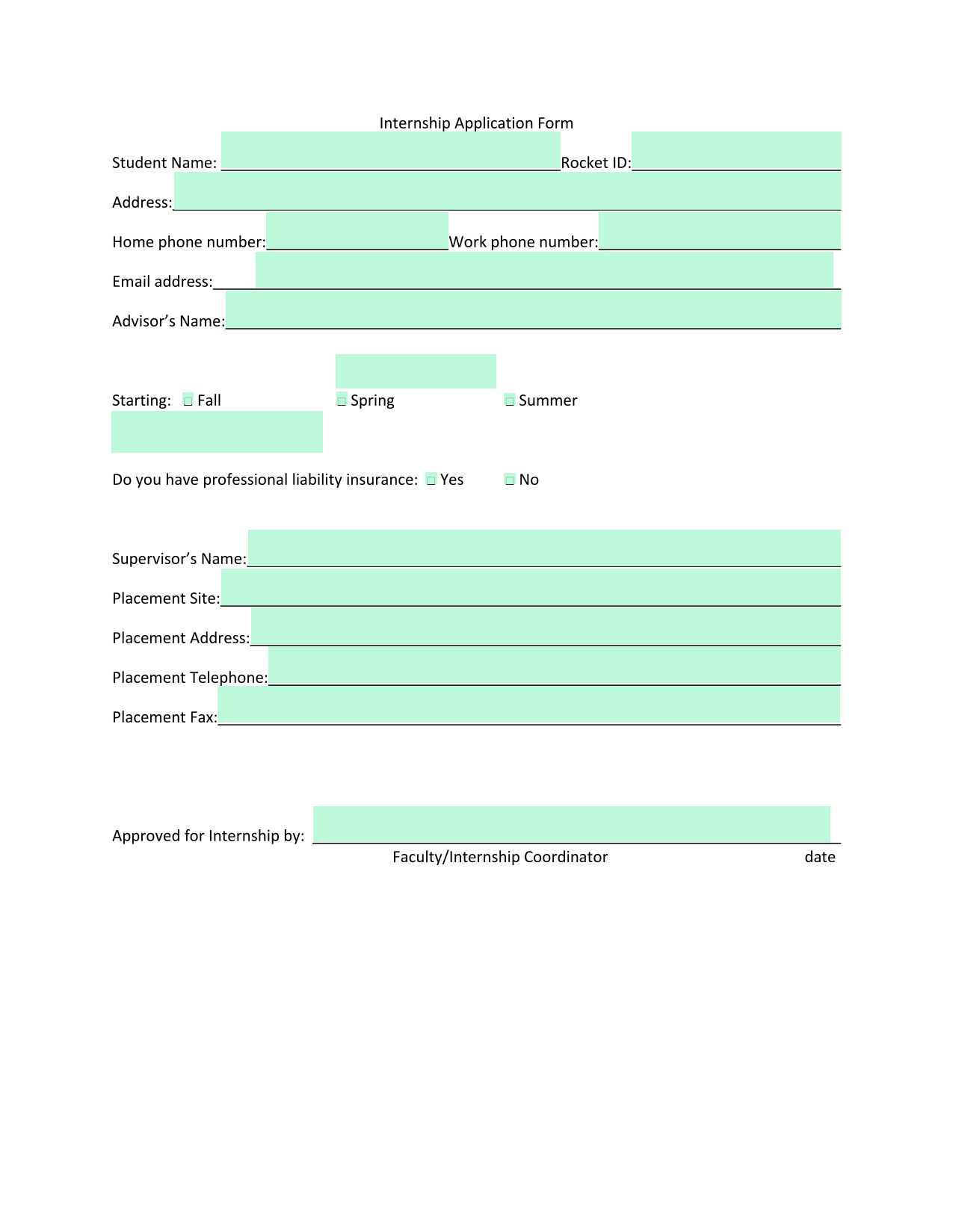 Internship Application Form screenshot