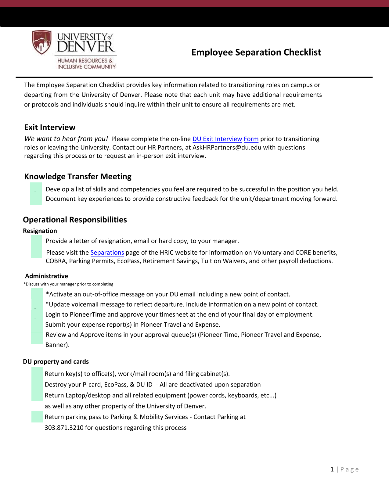 Employee Separation Checklist screenshot