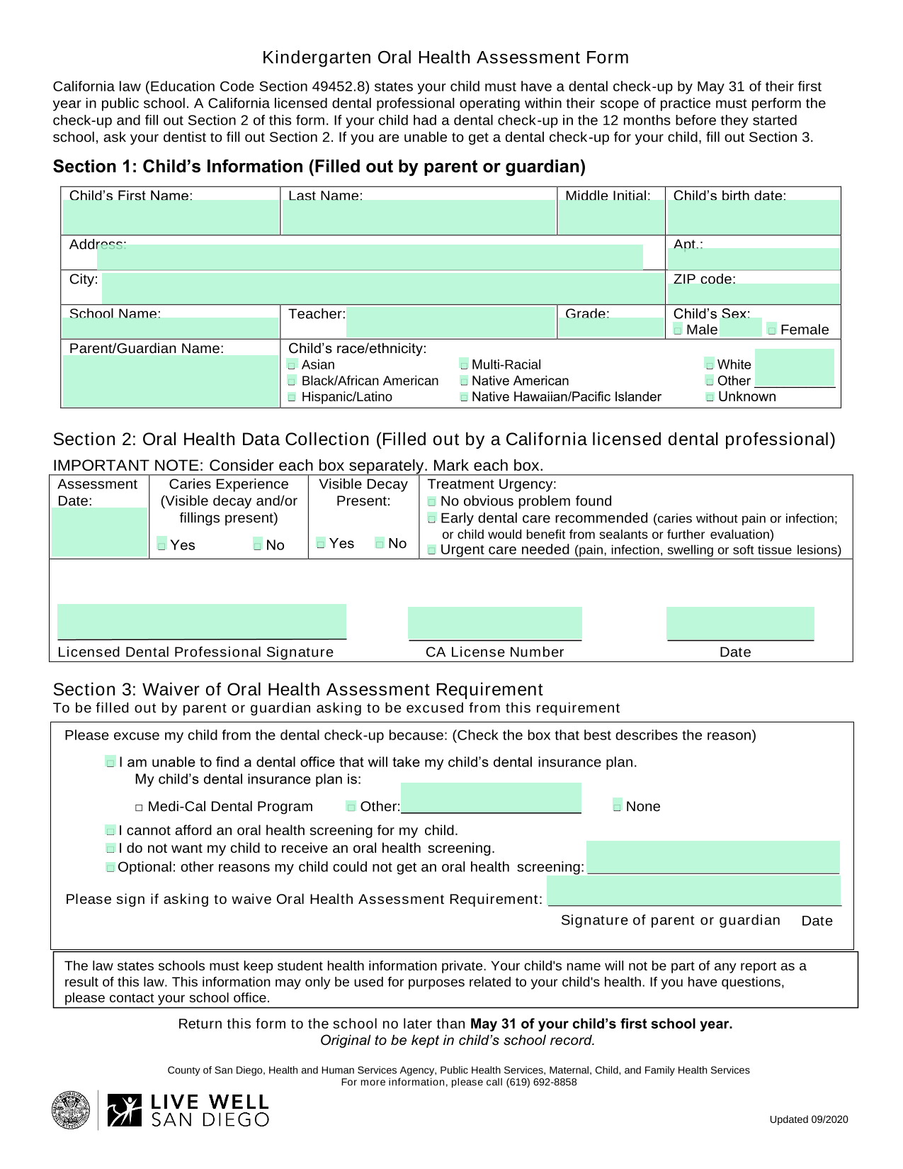 Kindergarten Oral Health Assessment Form screenshot