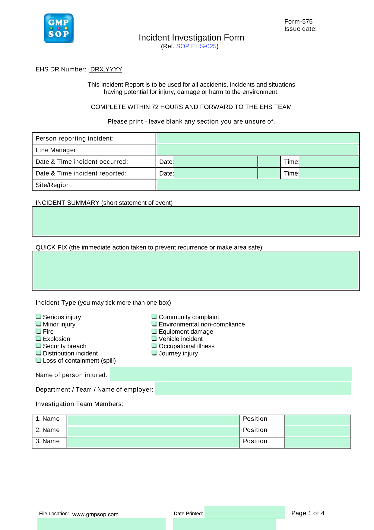 Incident Investigation Form screenshot