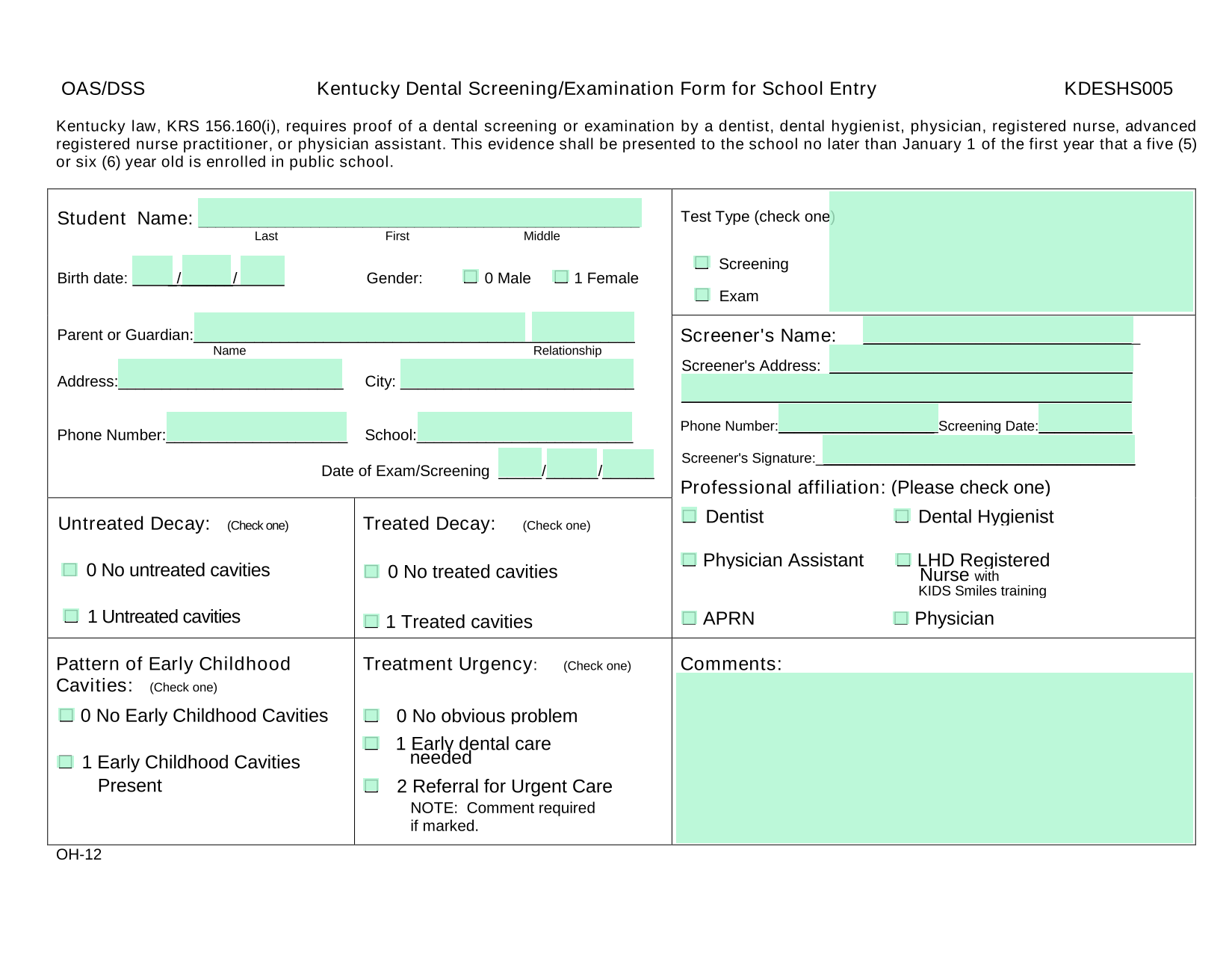 Kentucky Dental ScreeningExamination Form For School Entry screenshot