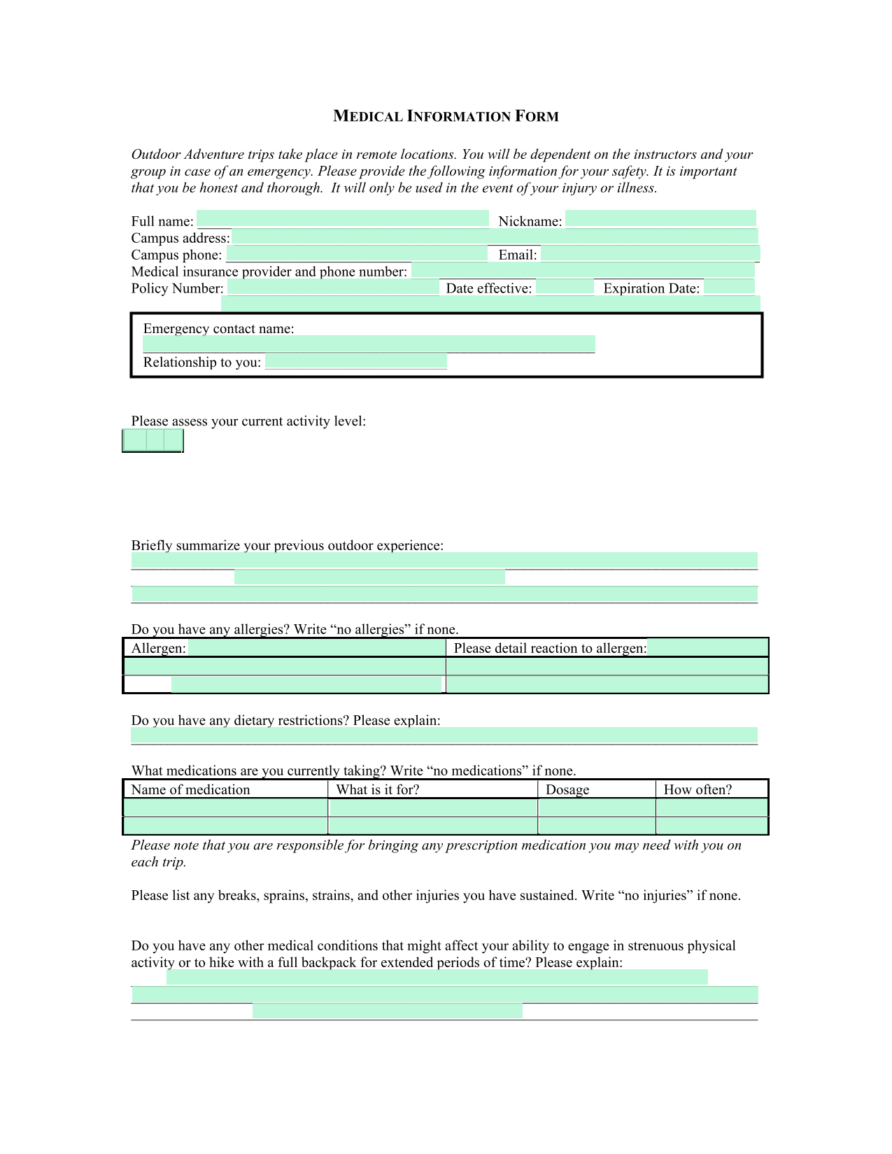 MEDICAL INFORMATION FORM screenshot